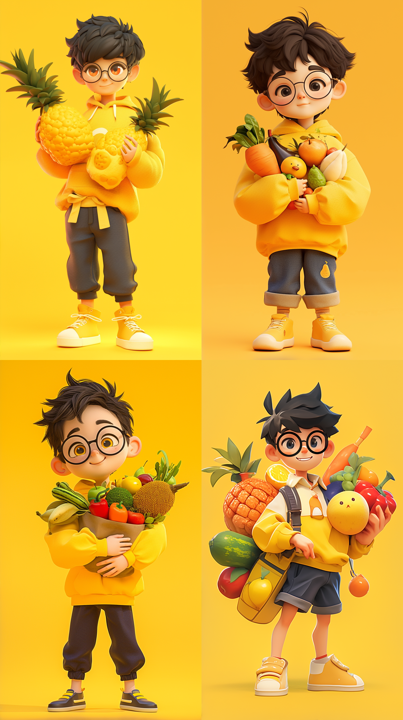 黑色头发，黄色衣服，可爱的男孩，端着各种水果，戴眼镜，黄色背景前，详细的角色设计，全身可见，卡通ip风格，动感十足。配色柔和，采用3d建模软件c4d制作，使用超高品质ultra hd 8k分辨率，水果元素, 卡通ip风格, 科技感, 水果蔬菜装饰, 水果武器, 视图, 3d建模, c4d, ultra hd 8k, 皮克斯动画.