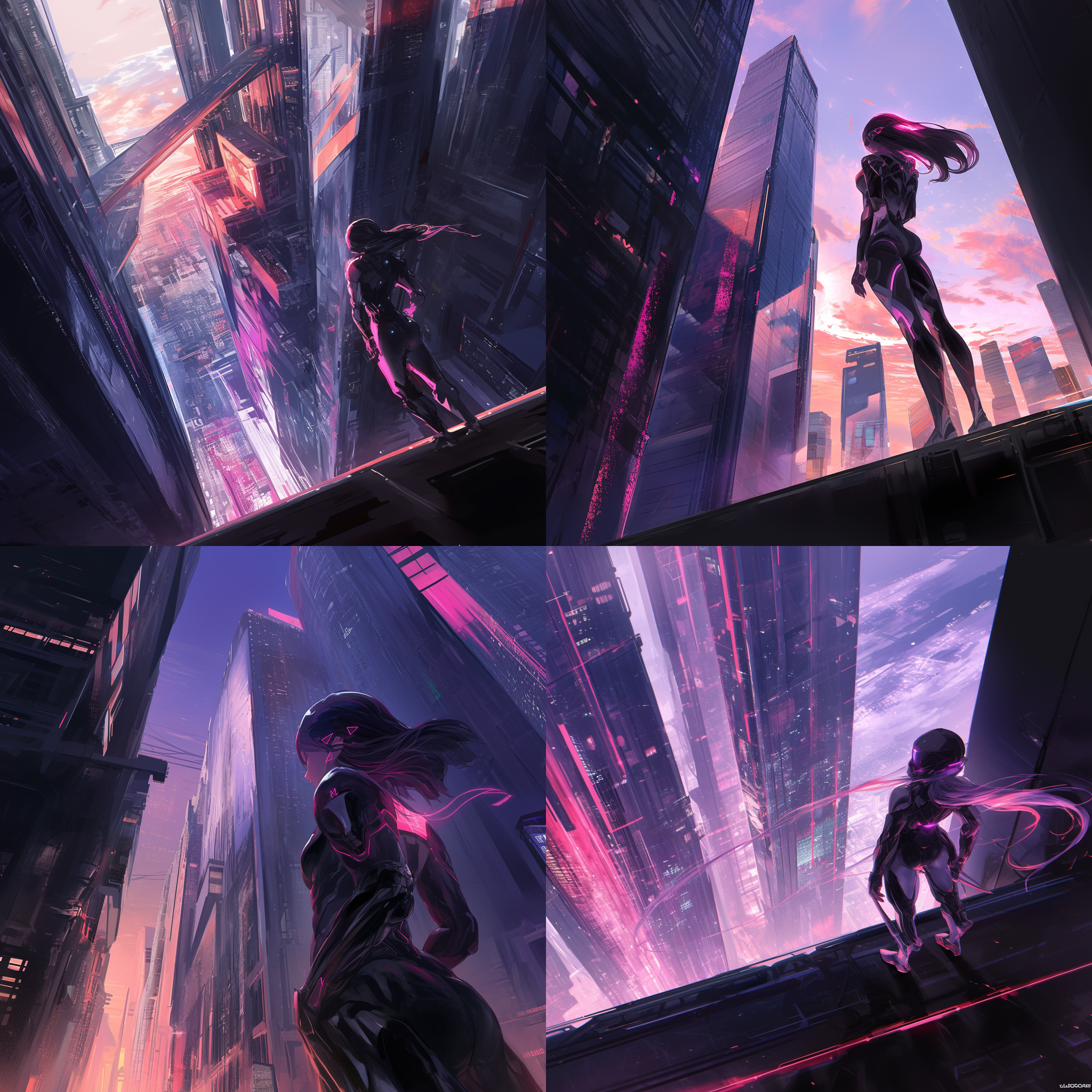 她停在大型科技公司门口，仰望高楼，现代都市背景，冷色调，长焦镜头，背光，清晰轮廓，沉思，科技感。