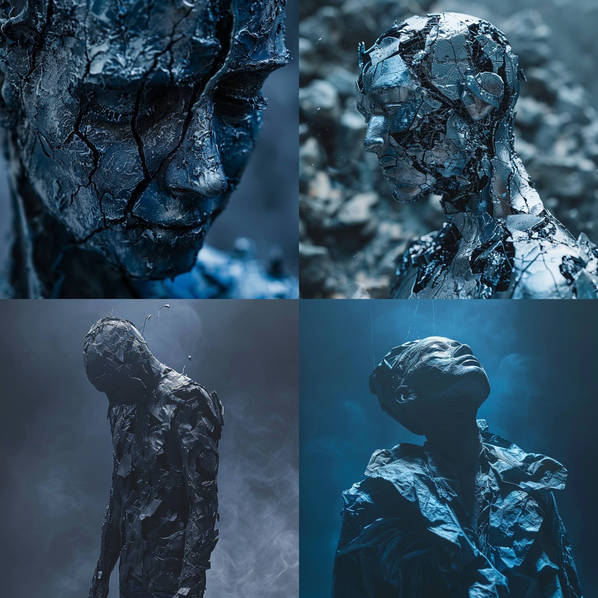 冲字雕塑，中心倒塌，大光圈，冷色调，冷漠，高冷，逆光，金属质感，抽象风格，空间感，破碎感，深蓝色调，硬光，锐利边缘。