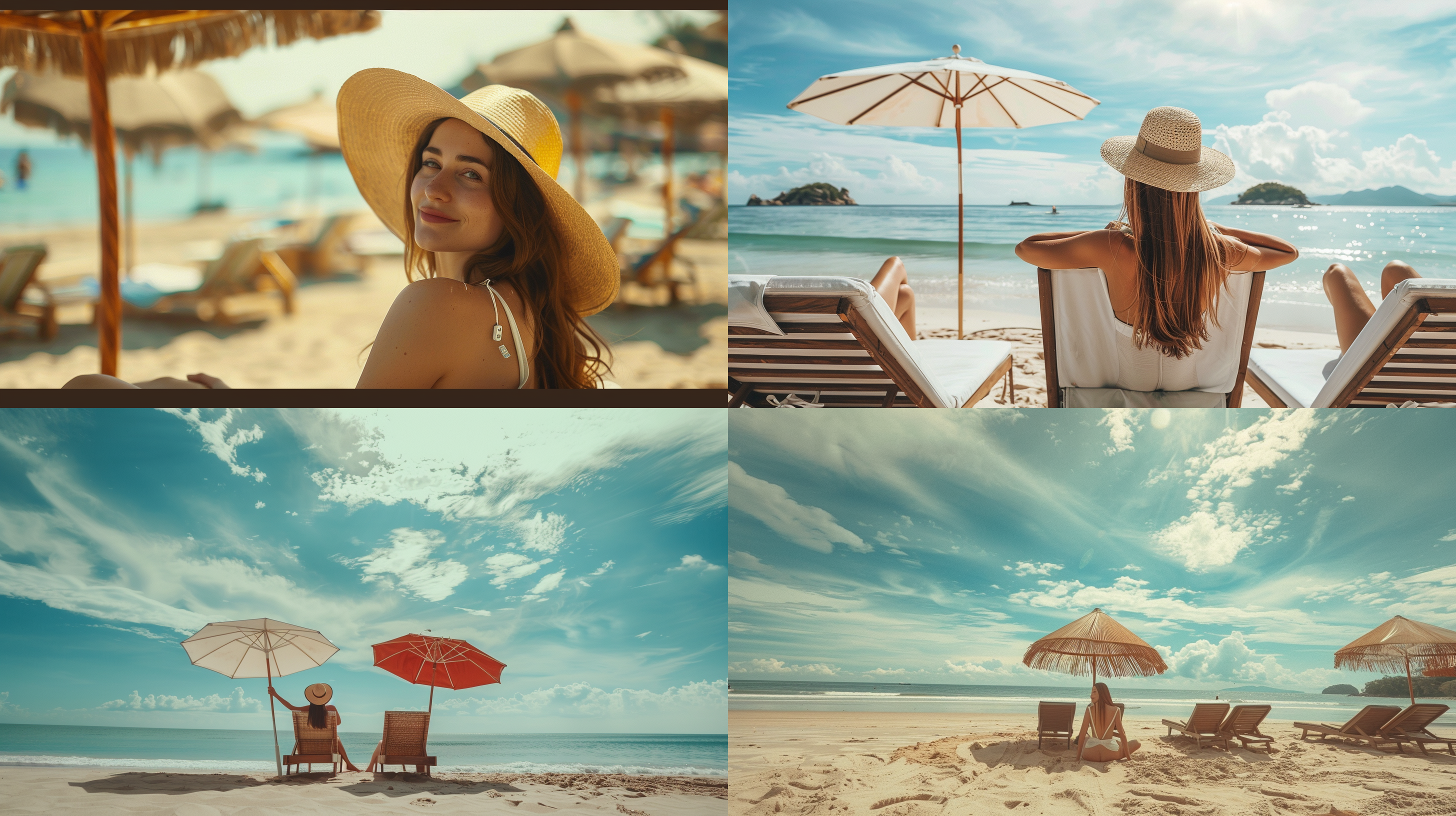 休闲沙滩，躺椅与遮阳伞，美女悠闲，远景，自然光，柔和色调，广角镜头，低角度拍摄，微笑，放松，夏日风情。