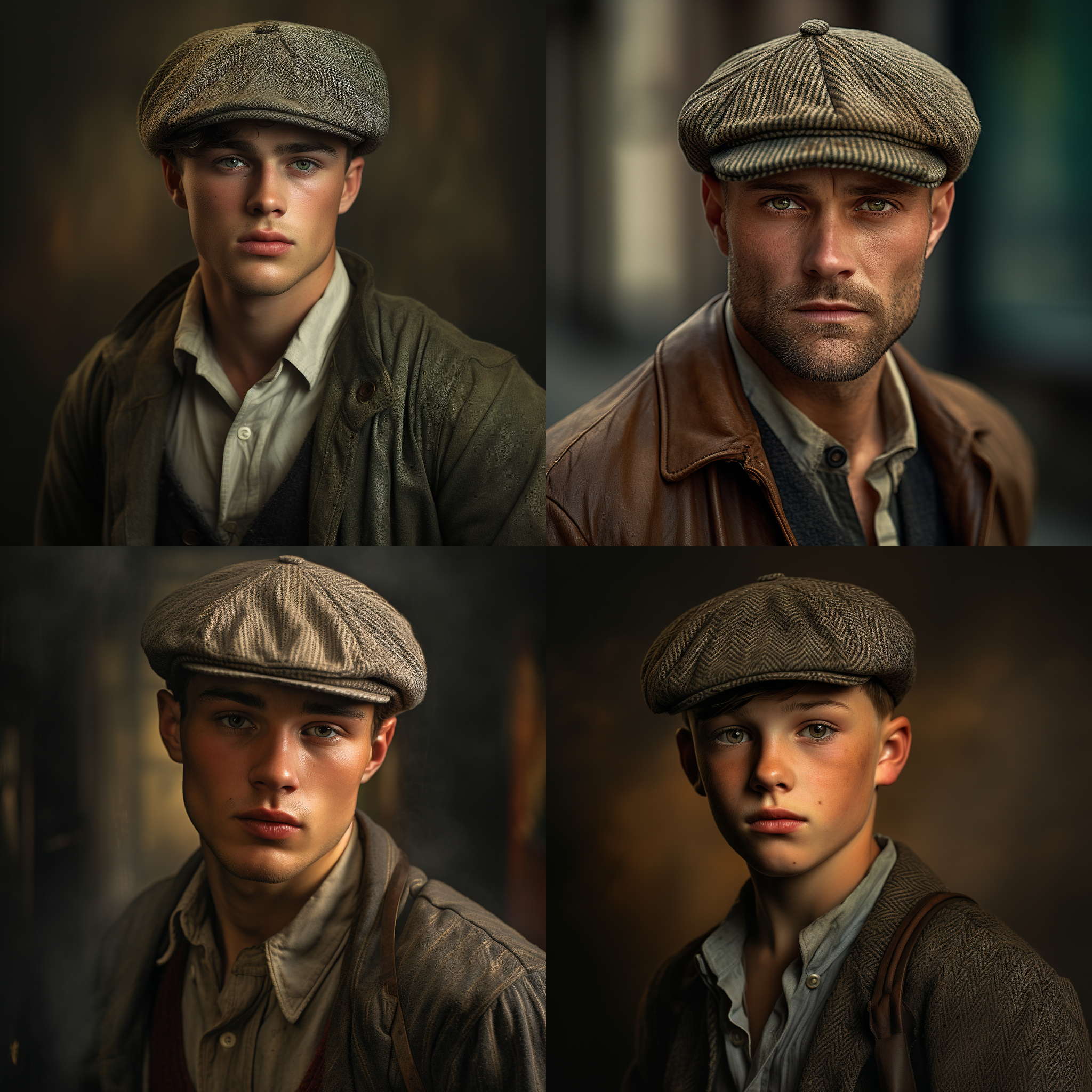 局部重绘，人物头部特写，报童帽灰色，复古风格，柔和光线，自然环境，细节丰富，色彩沉稳，表情专注，肖像摄影，中焦镜头，背景虚化。