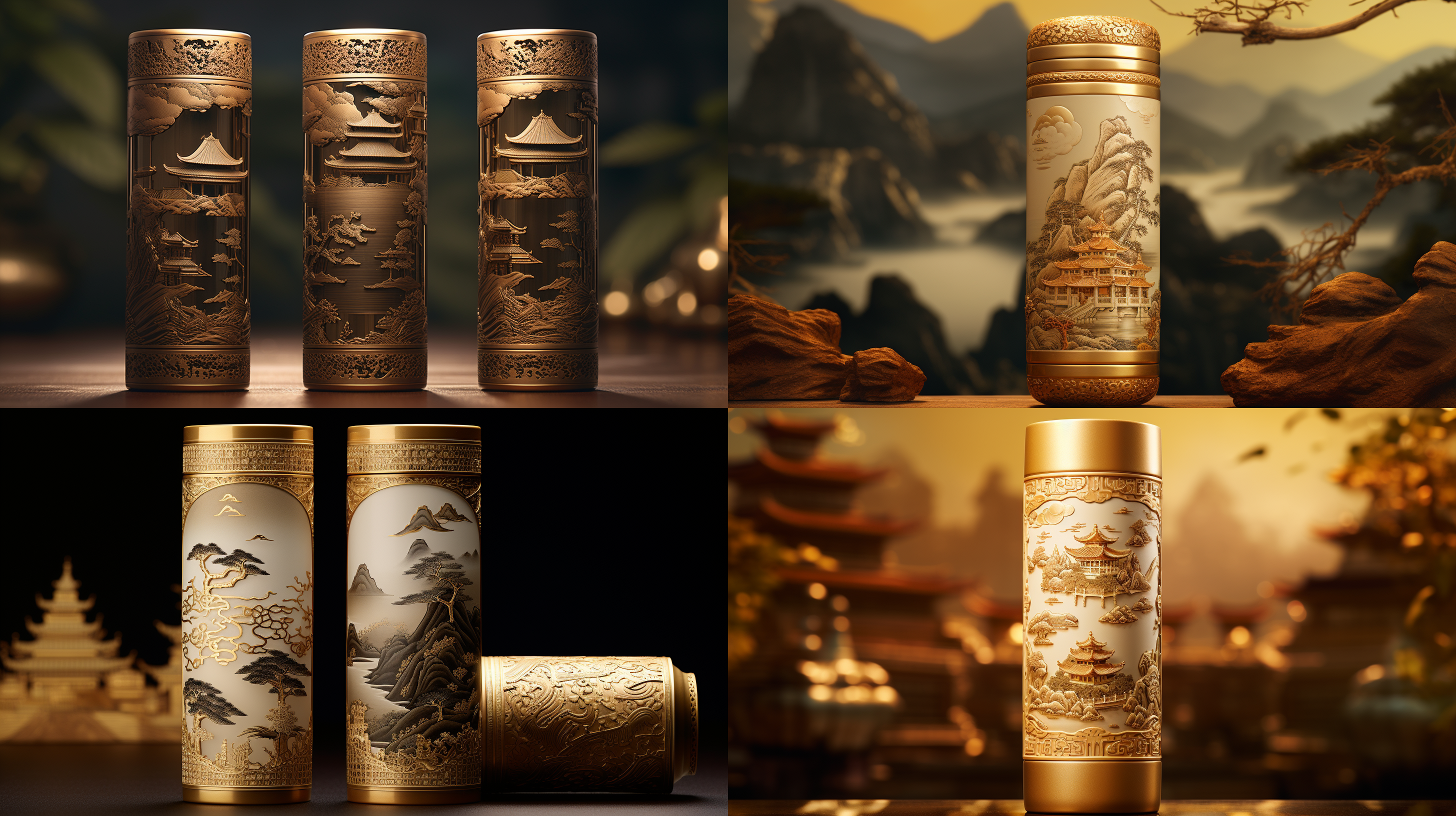 the cylindrical object in the middle with the brand name "good luck" on it, with golden paintings and text on its surface, is filled with elements of oriental art. in the background, there are traditional chinese buildings with flying eaves and intricate layers, showcasing the characteristics of ancient architecture. elements of towering mountains and flowing water, with peculiar peaks, trees dotted around, and clouds swirling, create a fairyland-like atmosphere. a traditional arch bridge connects the two mountain peaks, with the cylindrical object in the center serving as the focal point, spanning the entire scene from top to bottom. the light source emanates from inside the cylindrical object, casting a soft and warm glow through the surface patterns, illuminating the surrounding environment. eastern elements, dreamscape, and delicacy combine to create a hyper-realistic, ultra-high-definition, super-detailed, and exquisitely fine 8k artwork.