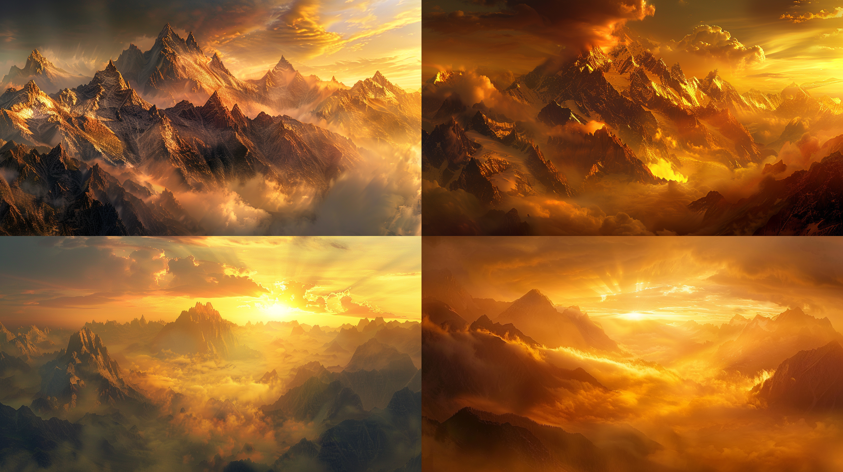 日照金山，神秘壮阔，全景构图，金色阳光洒满山峰，云雾缭绕，超广角镜头，自然风光，晨曦，暖色调，hdr效果，宁静，敬畏。