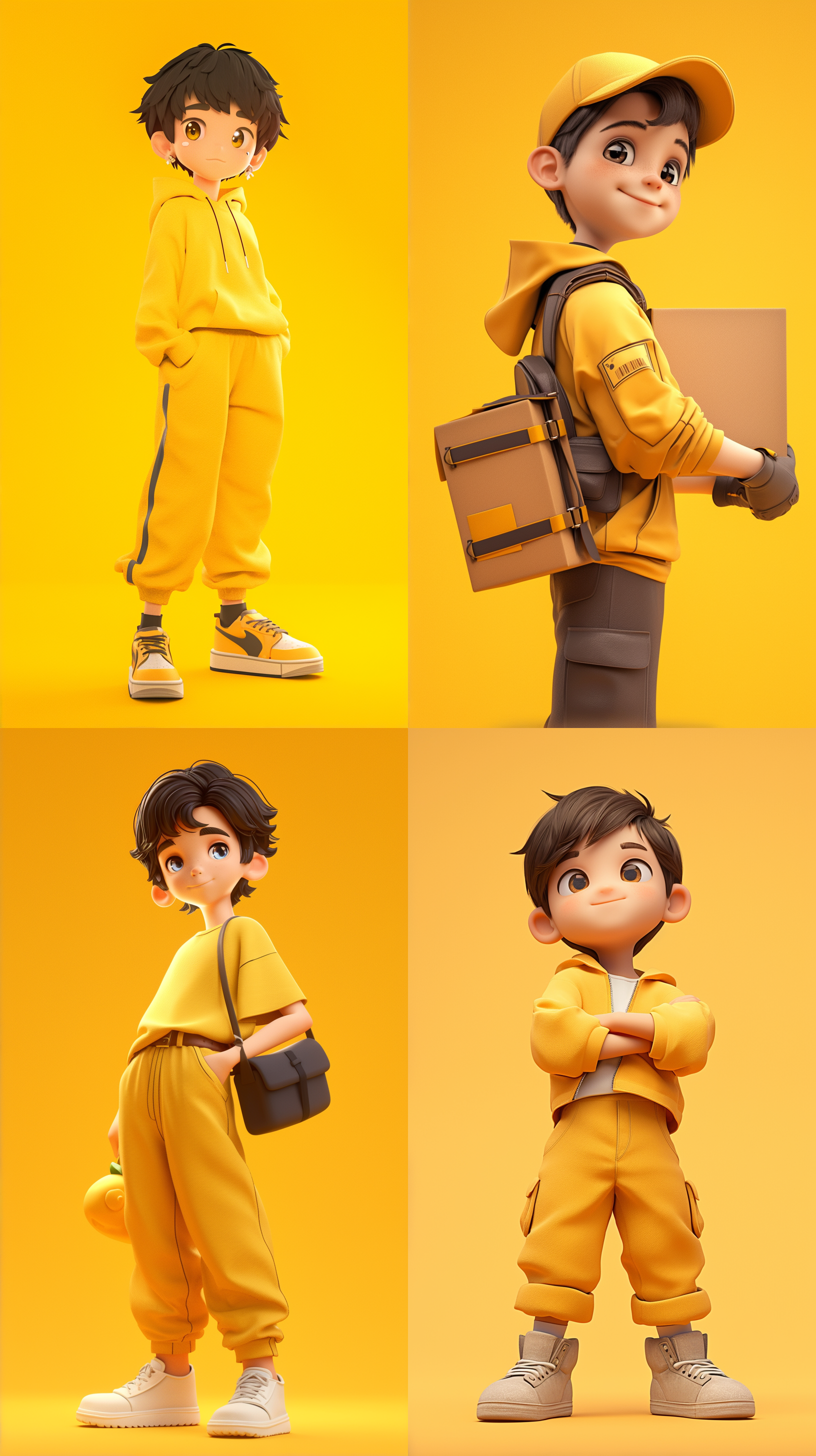 黑色头发，黄色衣服，可爱的男孩，送货员现象，黄色背景前，详细的角色设计，全身可见，卡通ip风格，动感十足。配色柔和，背景为工作室灯光octane render渲染的纯净背景。采用3d建模软件c4d制作，使用超高品质ultra hd 8k分辨率，宛如皮克斯动画般精美。 水果元素, 卡通ip风格, 科技感, 水果蔬菜装饰, 水果武器, 视图, 3d建模, c4d, ultra hd 8k, 皮克斯动画.