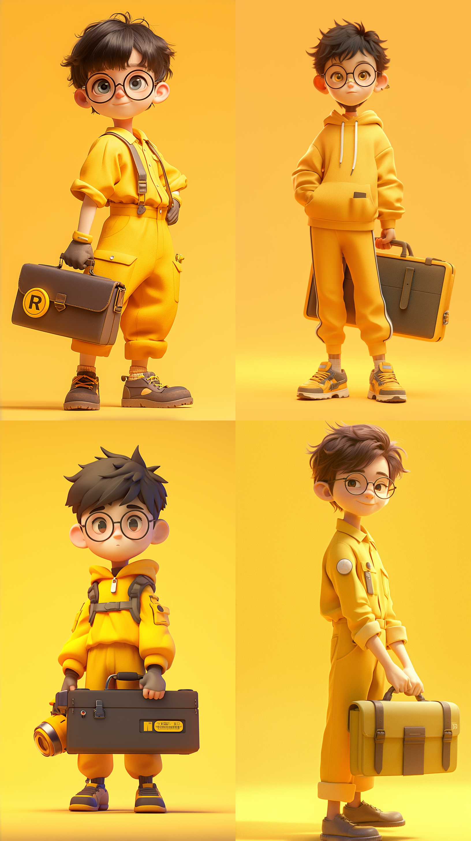 黑色头发，黄色衣服，可爱的男孩，背公文包，戴眼镜，黄色背景前，详细的角色设计，全身可见，卡通ip风格，动感十足。配色柔和，采用3d建模软件c4d制作，使用超高品质ultra hd 8k分辨率，水果元素, 卡通ip风格, 科技感, 水果蔬菜装饰, 水果武器, 视图, 3d建模, c4d, ultra hd 8k, 皮克斯动画.