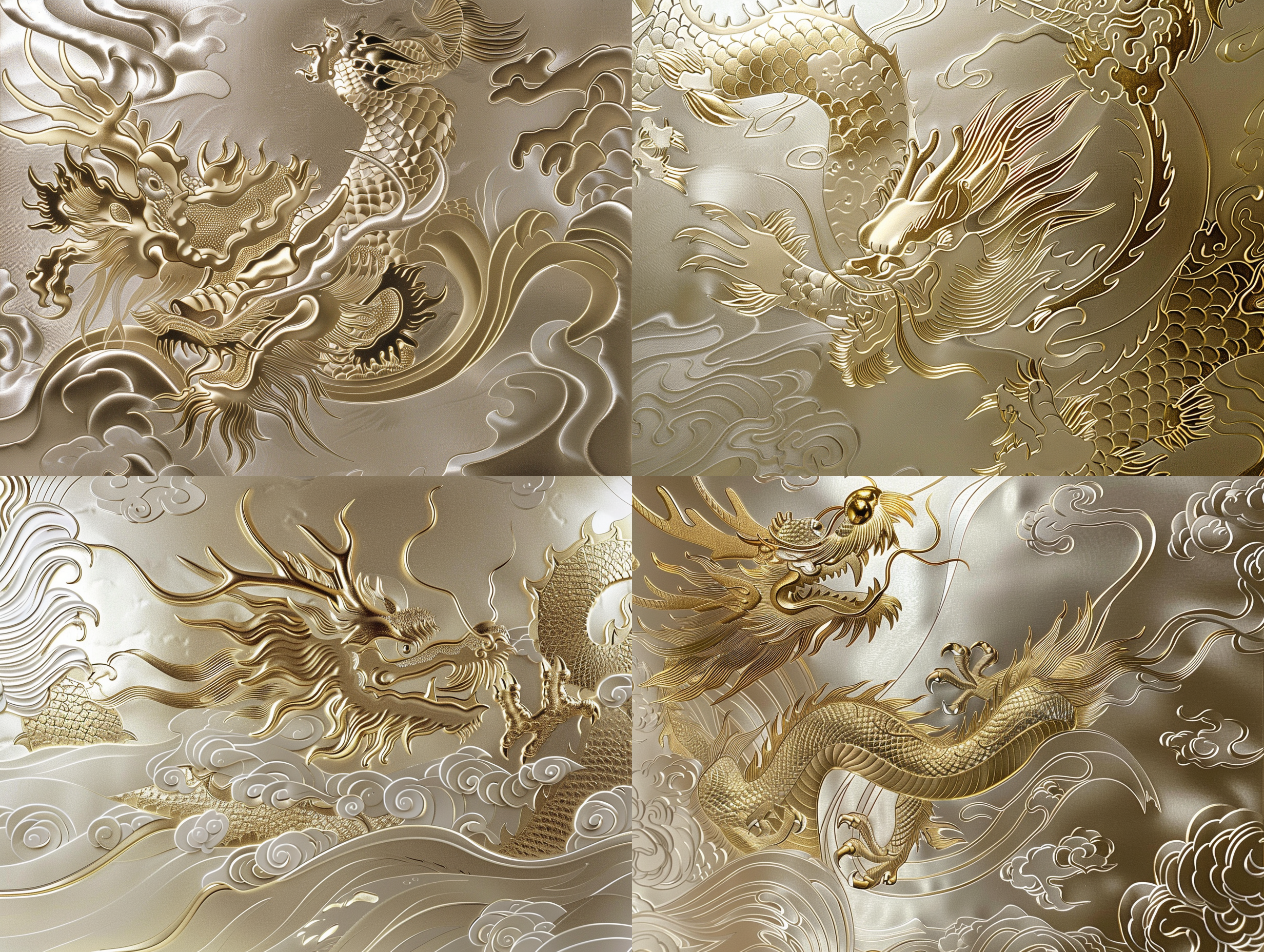 中国美学，龙纹图案，纯白背景，精致工艺，金属质感，高光，丰富细节，对称构图，传统与现代结合，静态美，文化象征，微距镜头，柔和光线，冷色调，沉稳，历史感。