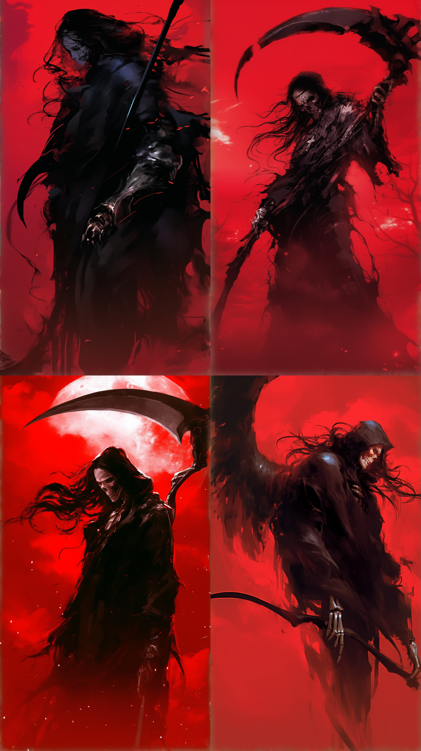 死神形象，高大身影，破旧黑袍，深兜帽遮面，空洞眼窝，手持巨大镰刀，鲜红天空背景，浓雾弥漫，红黑纯色艺术风格，低角度拍摄，长曝光，冷色调，神秘氛围，静态动作，阴森感。