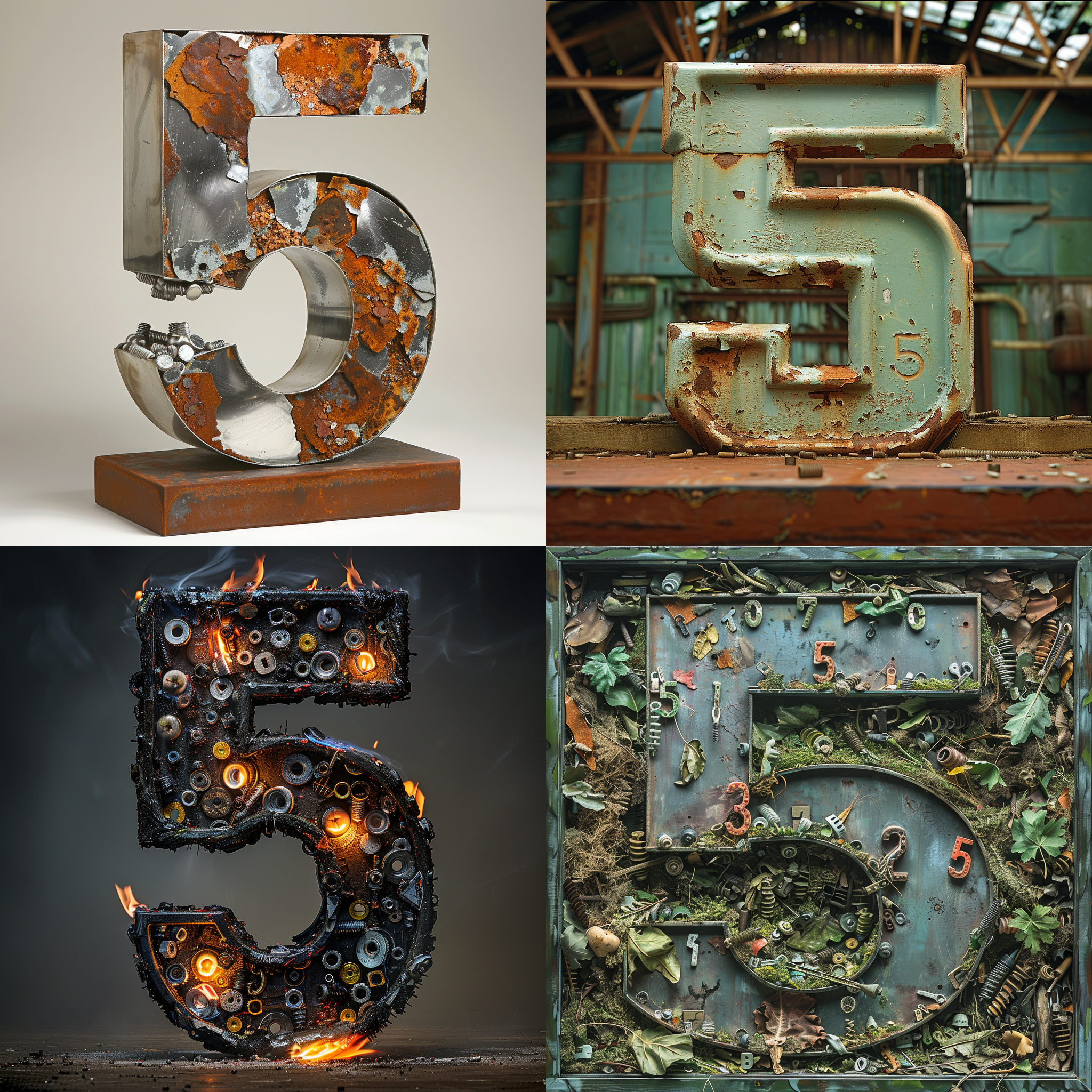 数字“5”雕塑，废螺丝钉材质，中心倒塌，大光圈，冷色调，冷漠，高冷，逆光，金属质感，抽象艺术，孤独，废墟美学。