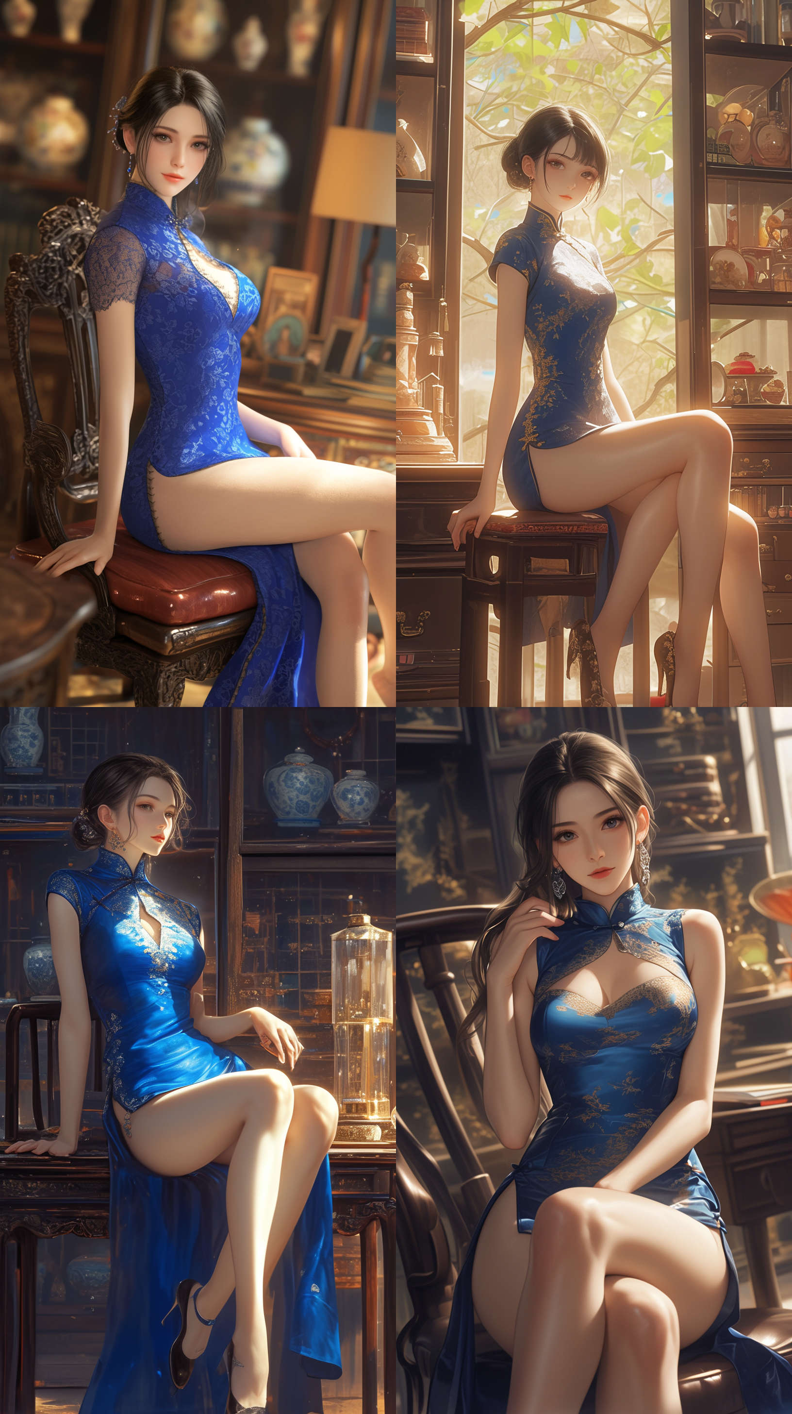 东亚美女穿宝蓝色旗袍，坐姿全身，五官精致，室内光线柔和，背景书架收藏品展柜，照片质感细腻，32k画质，中焦镜头，注重细节，暖色调，静谧氛围。