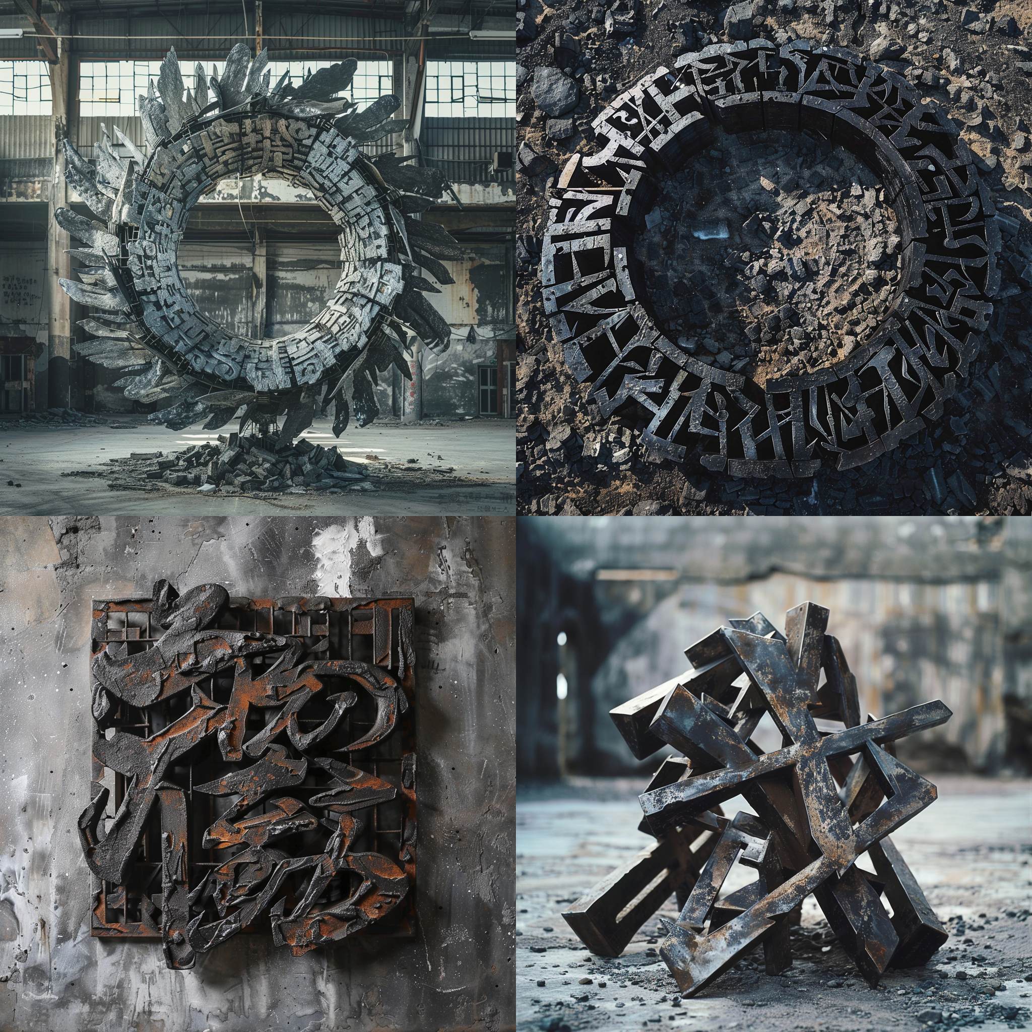 嘉冲文字雕塑，废铁材质，广角仰拍，废墟背景，大光圈，冷色调，冷漠，高冷，逆光，金属质感，抽象风格，强烈对比，孤独感。