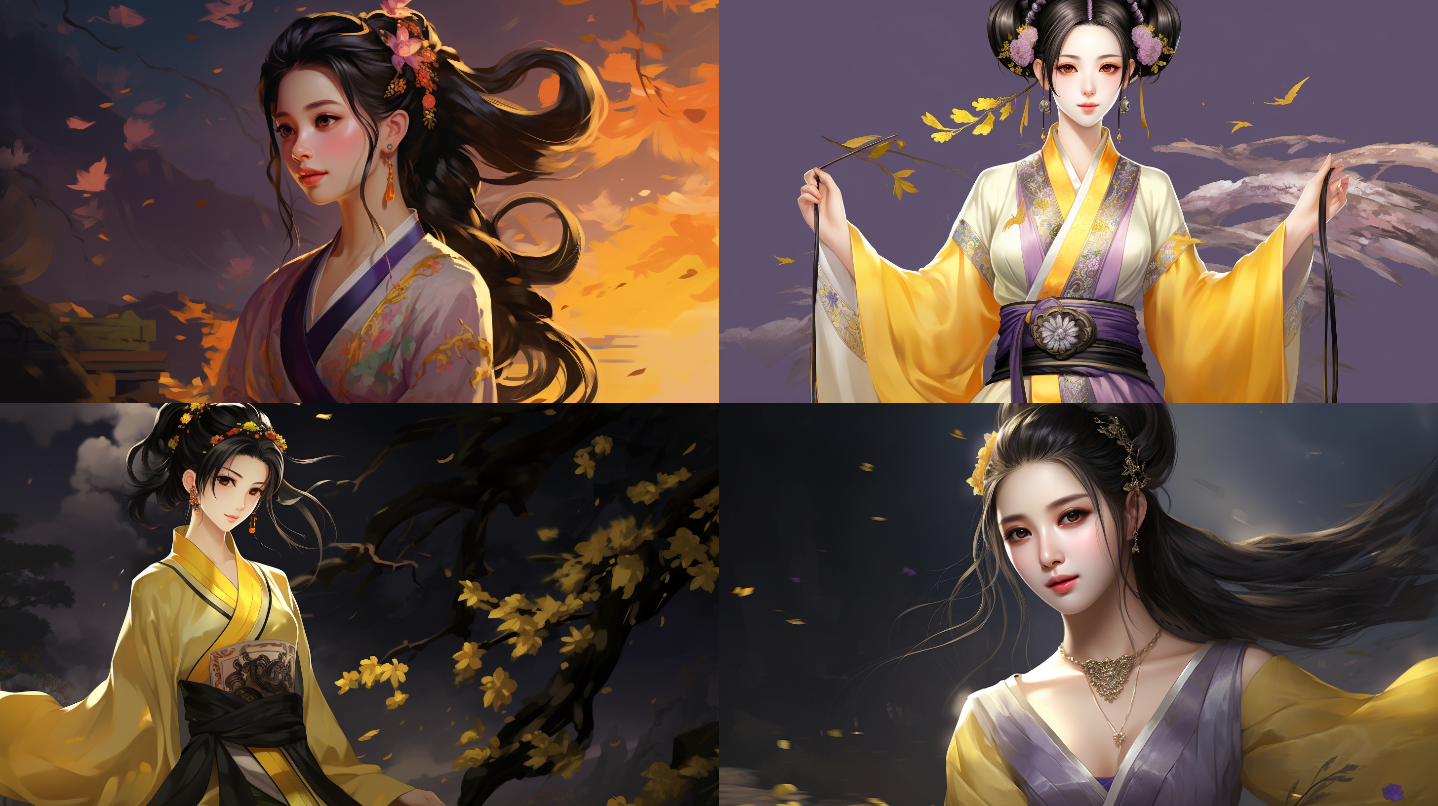 18岁女孩，面容秀美，身体婀娜，轻纱衣服，青丝为笼系，桂枝为笼钩。头上倭堕髻，耳中明月珠。缃绮为下裙，紫绮为上襦。古典庭院，柔和光线，长焦镜头，浅景深，静态美，淡雅色彩，温柔表情。