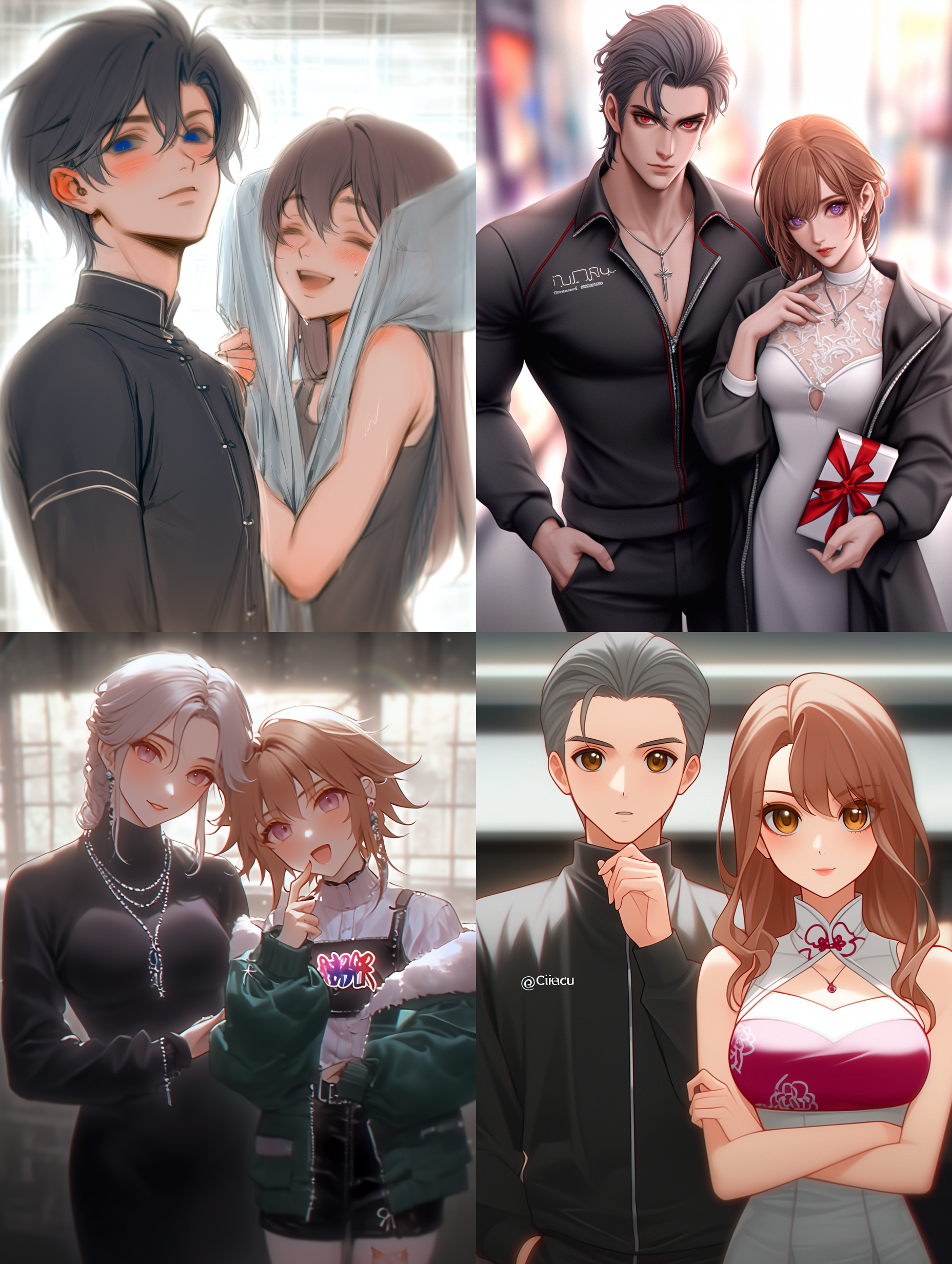 中国现代都市年轻帅哥美女，街头时尚，并排行走，微笑交流，自然光，长焦镜头，柔和色彩，动态捕捉，自信，现代建筑背景。