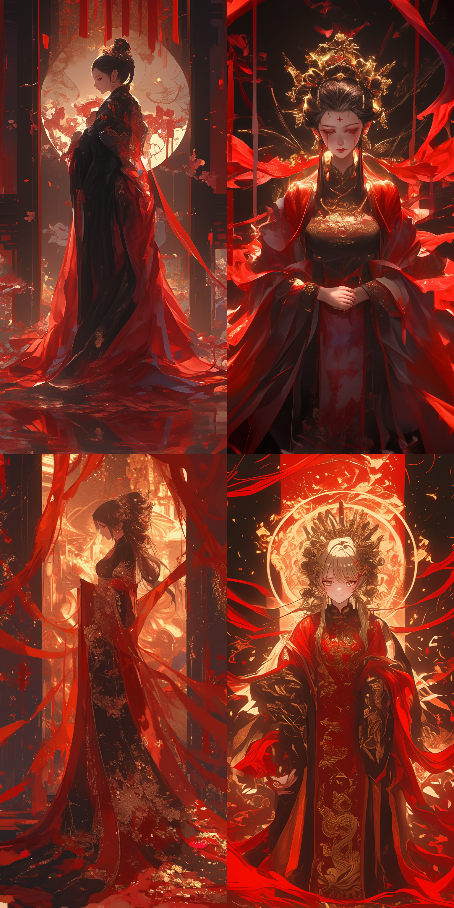 黑红色调中式婚礼，新娘长袍华贵，远景神秘氛围，细腻纹理，流泪，低角度拍摄，侧光，大光圈，慢速快门，传统元素，悲伤情感。