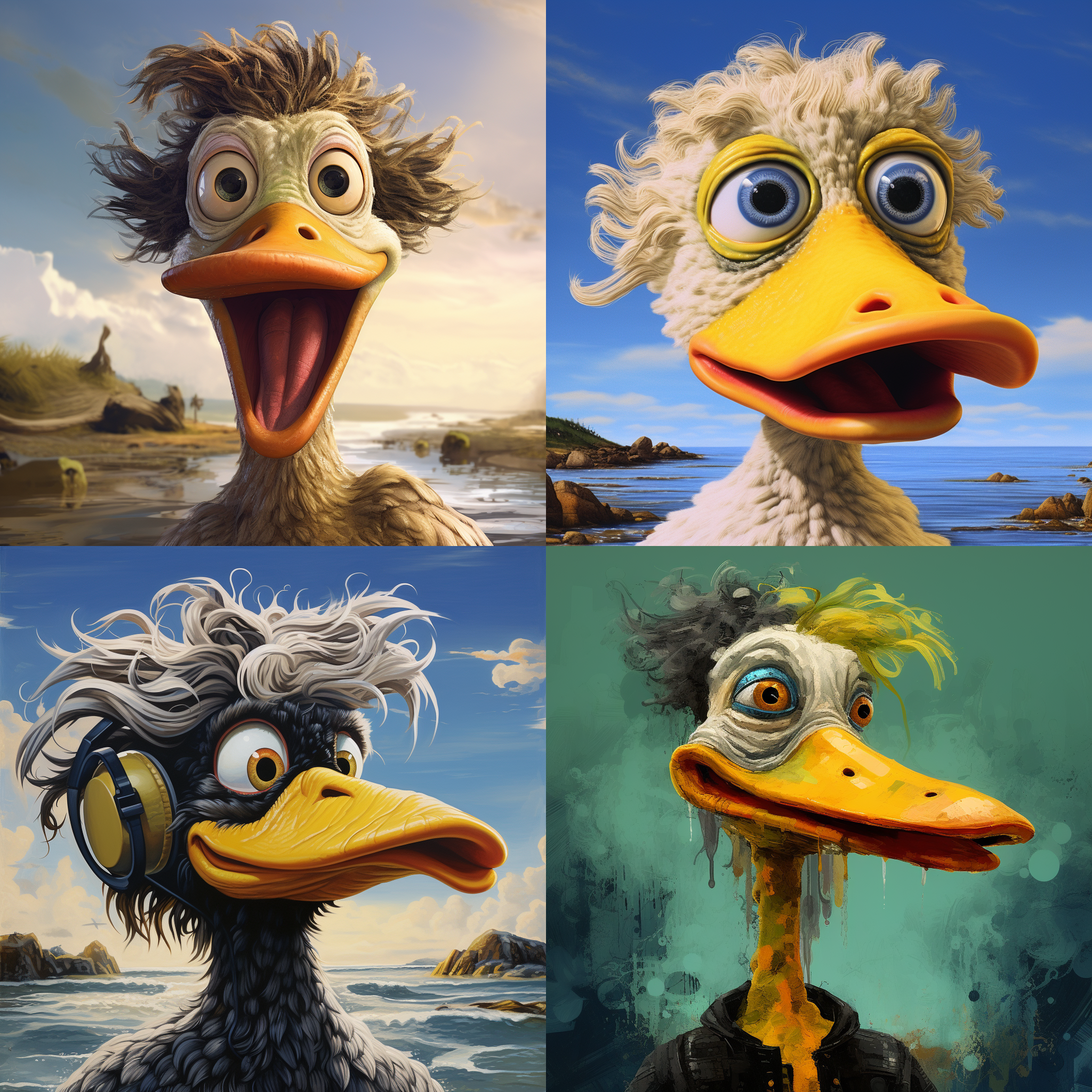 柯基头鸭身，侧面视角，黄白相间，大耳朵，卷毛，柯基脚，卡通风格，柔和光线，温馨氛围，拟人化表情，幽默生动。 合成波