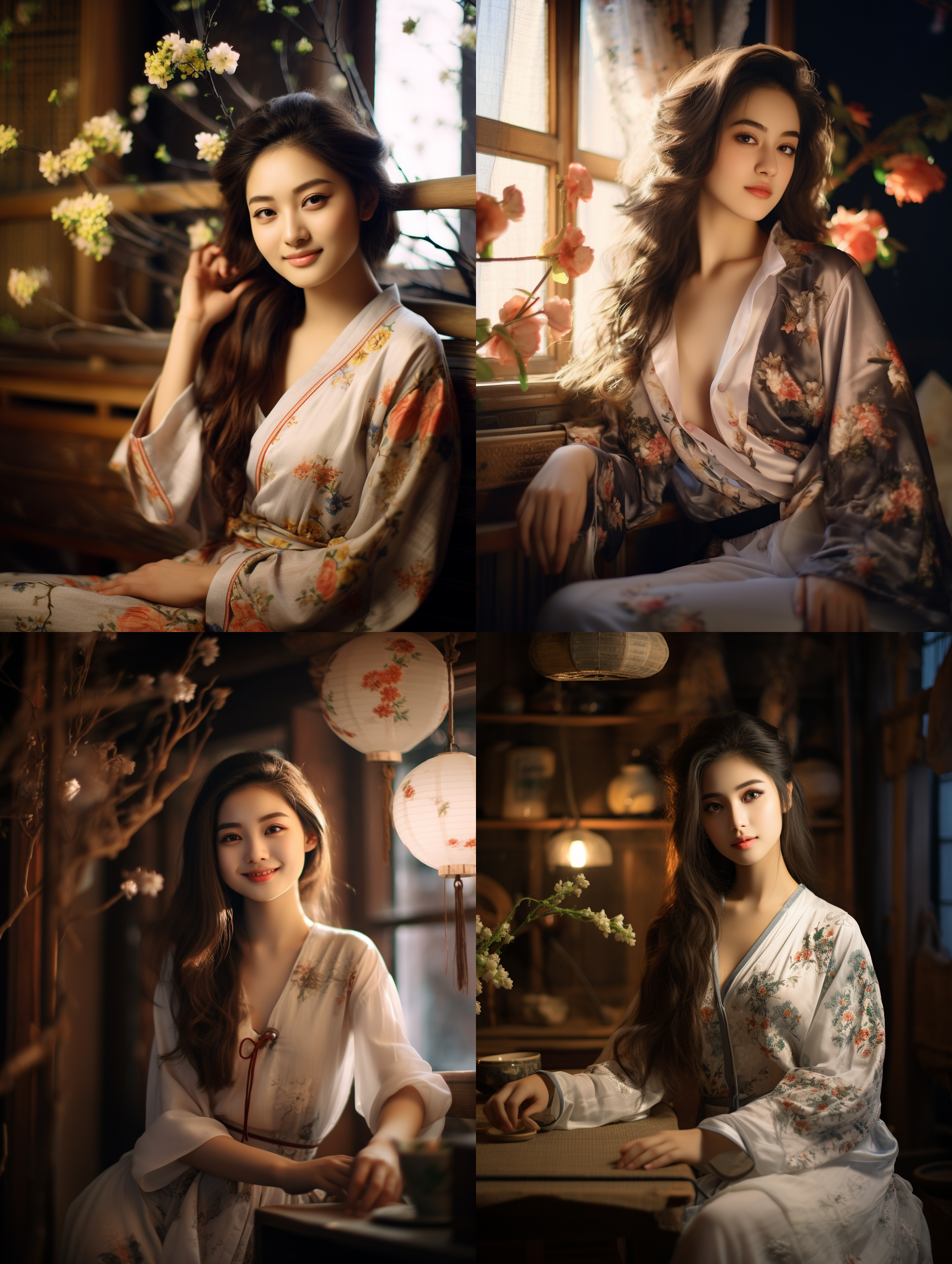 女孩微笑，中式阁楼，春日全景，高分辨率，柔和光线，长焦镜头，自然色彩，温馨氛围，细腻纹理，优雅姿态。