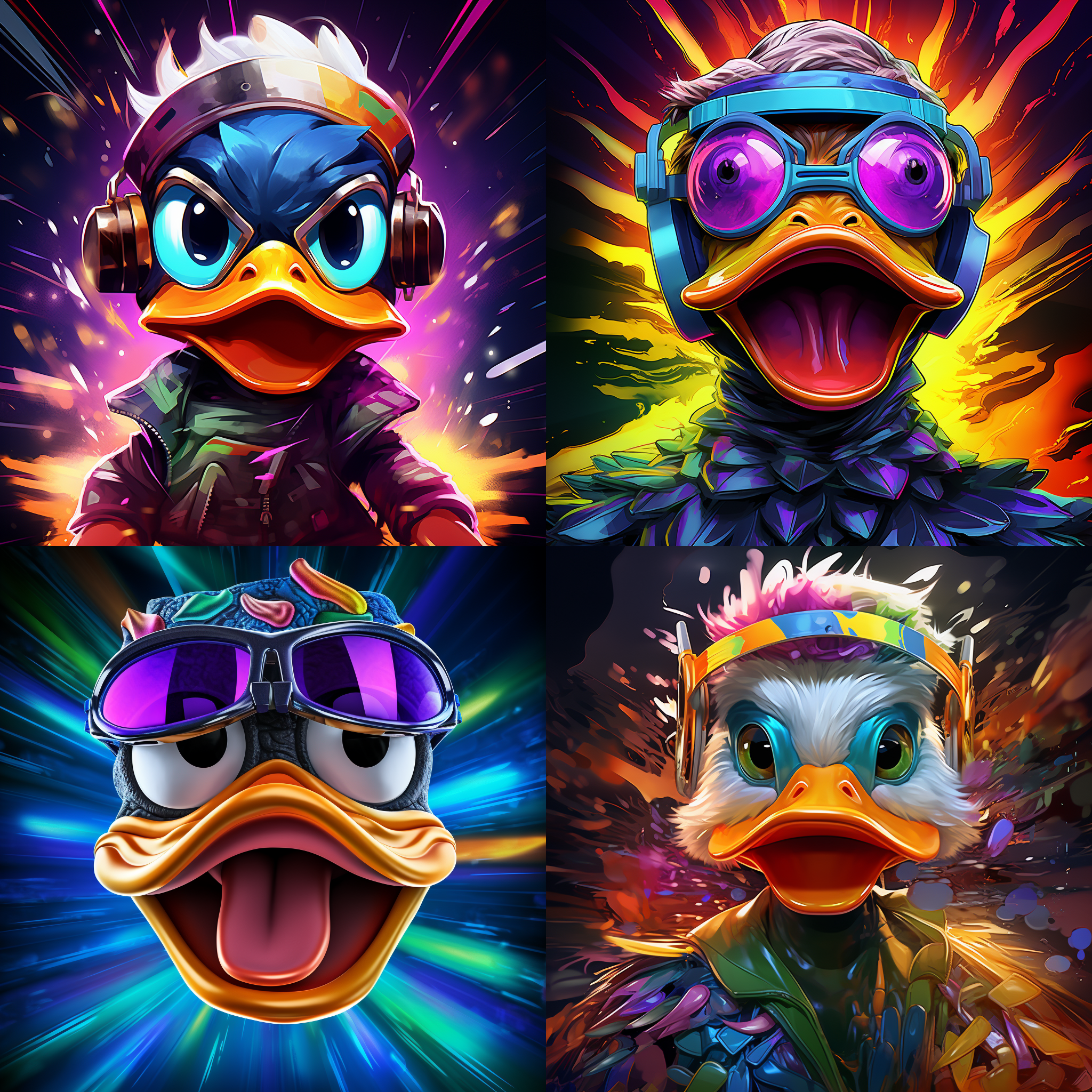 卡通动漫风格鸭子正面，搞怪装扮，鲜艳色彩，立体光影，活泼表情，动态捕捉，数字艺术，虚拟现实，可爱3d形象，刻画细节，正面光，高饱和度，快速快门，动态模糊，夸张表情，立体感强。