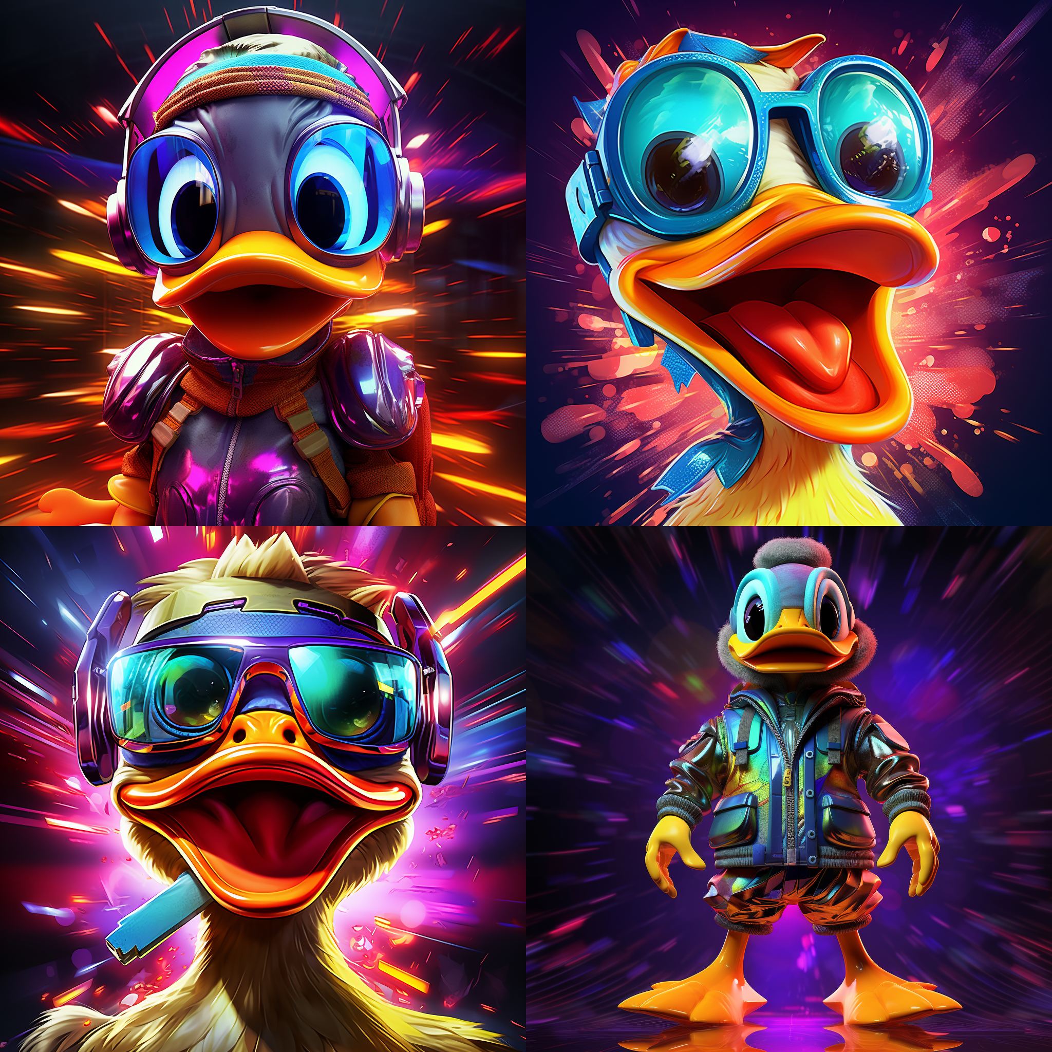 卡通动漫风格鸭子正面，搞怪装扮，鲜艳色彩，立体光影，活泼表情，动态捕捉，数字艺术，虚拟现实，可爱3d形象，刻画细节，正面光，高饱和度，快速快门，动态模糊，夸张表情，立体感强。