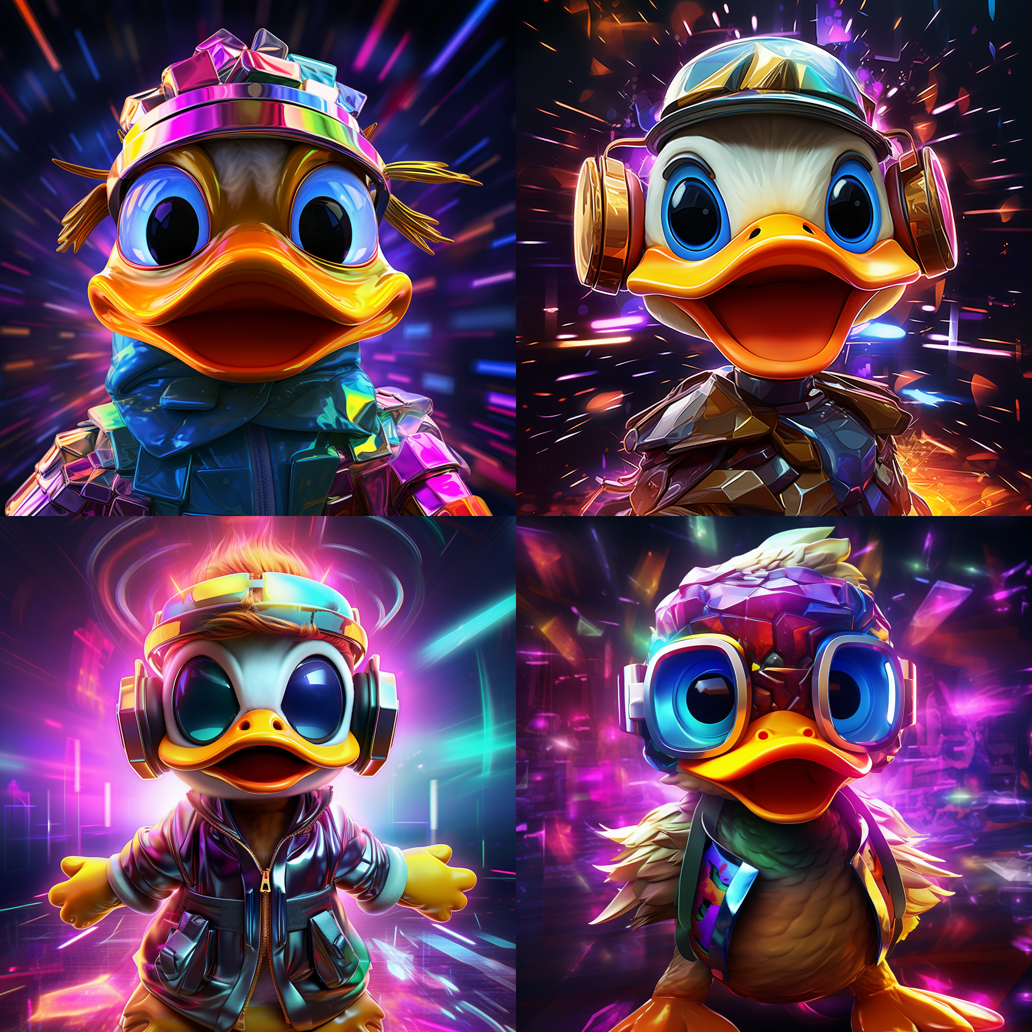 卡通动漫风格鸭子正面，搞怪装扮，鲜艳色彩，立体光影，活泼表情，动态捕捉，数字艺术，虚拟现实，可爱3d形象，刻画细节，正面光，高饱和度，快速快门，动态模糊，夸张表情，立体感强。