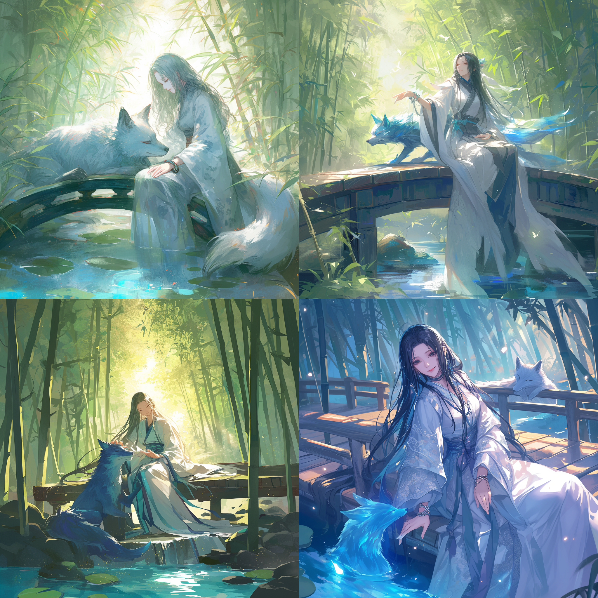 竹林中，灰色道袍女道士微笑回首，左手戴手链，坐蓝狐，小桥流水前，自然光，柔和色调，中景，长焦镜头，静谧，和谐。