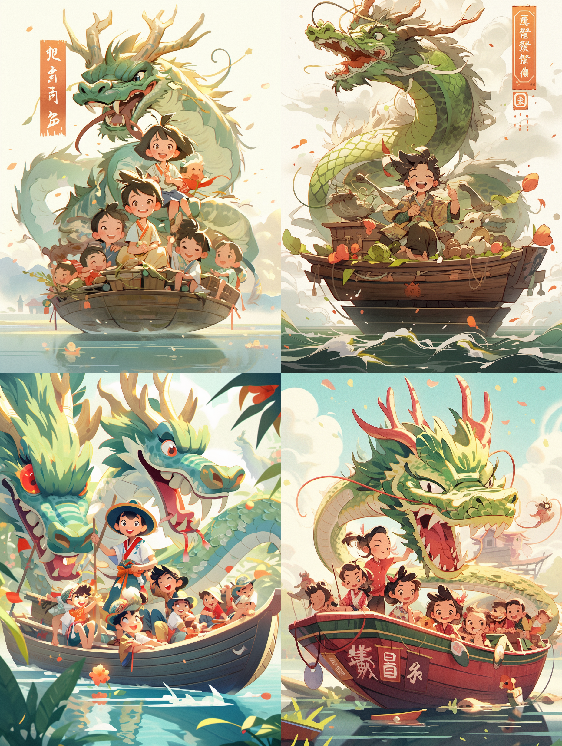 端午节海报，中式海报，可爱的卡通风格，分辨率高，色彩丰富，一个小男孩坐在古老的长船上，划着一条巨大的绿色友好的中国龙，另一只手站在船头，背后有如山的粽子元素，矢量插图，8k，极致细节