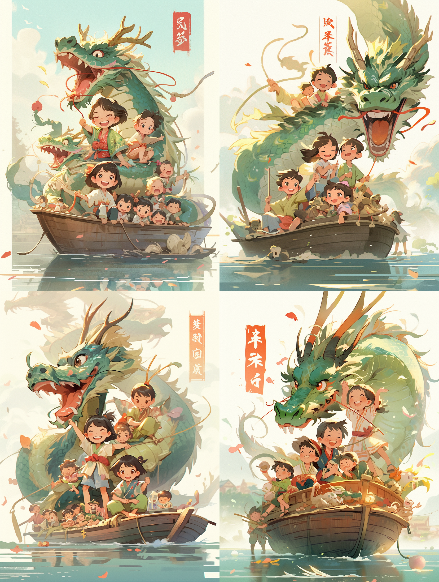 端午节海报，中式海报，可爱的卡通风格，分辨率高，色彩丰富，一个小男孩坐在古老的长船上，划着一条巨大的绿色友好的中国龙，另一只手站在船头，背后有如山的粽子元素，矢量插图，8k，极致细节