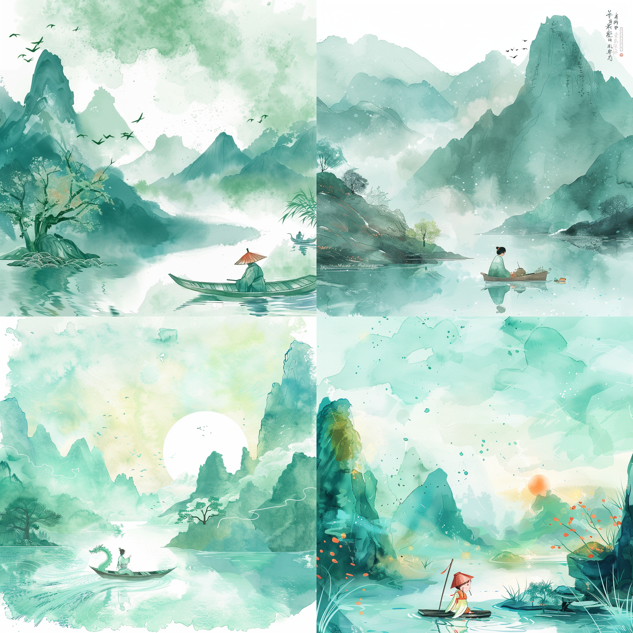 可爱ip古风，手绘风格，小诗人形象，端午节日氛围，横幅构图，山水背景，水绿色，水彩效果