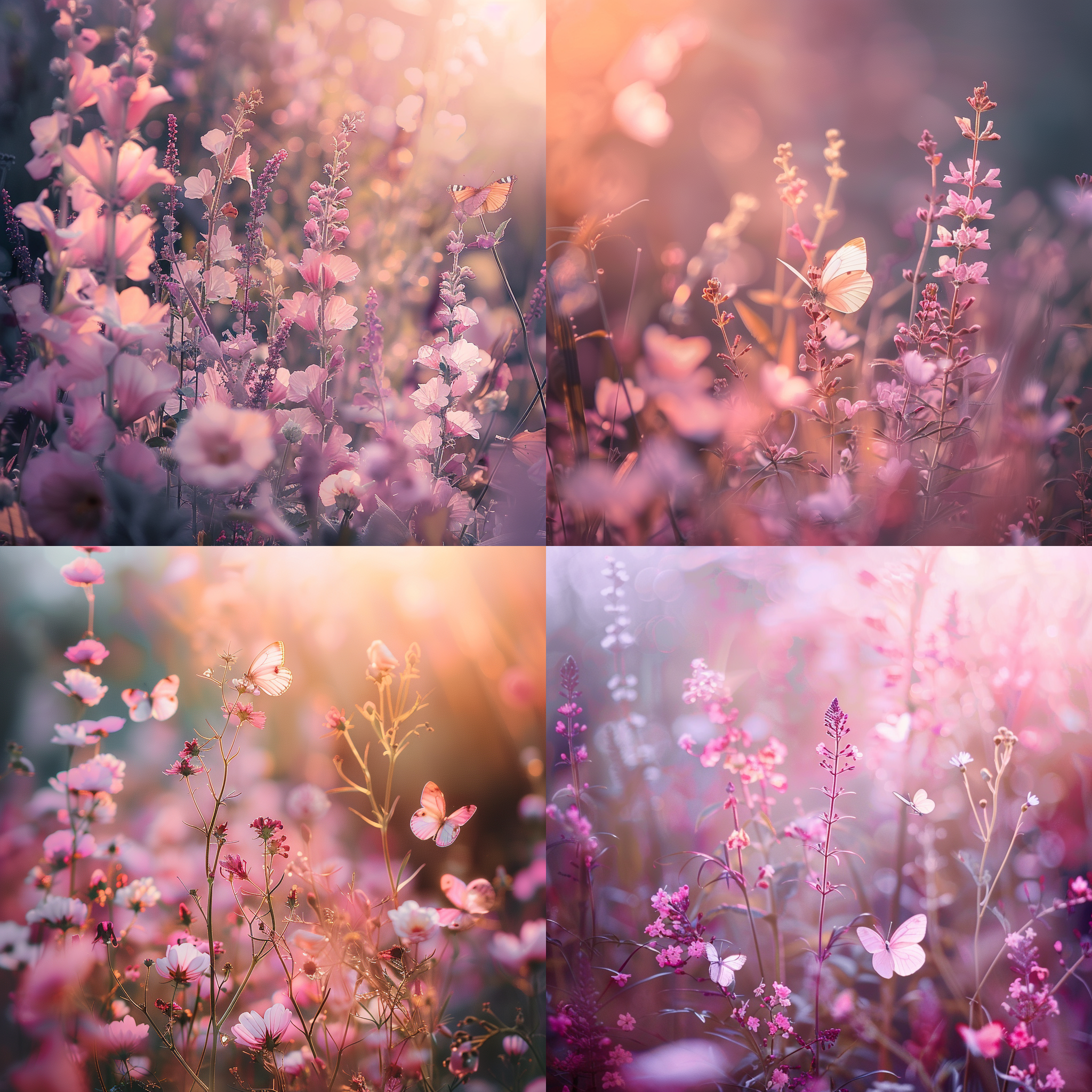 粉色梦幻花园，垂直构图，柔和光线，室外，粉色系，长焦镜头，背光，浅景深，花朵，蝴蝶，宁静。