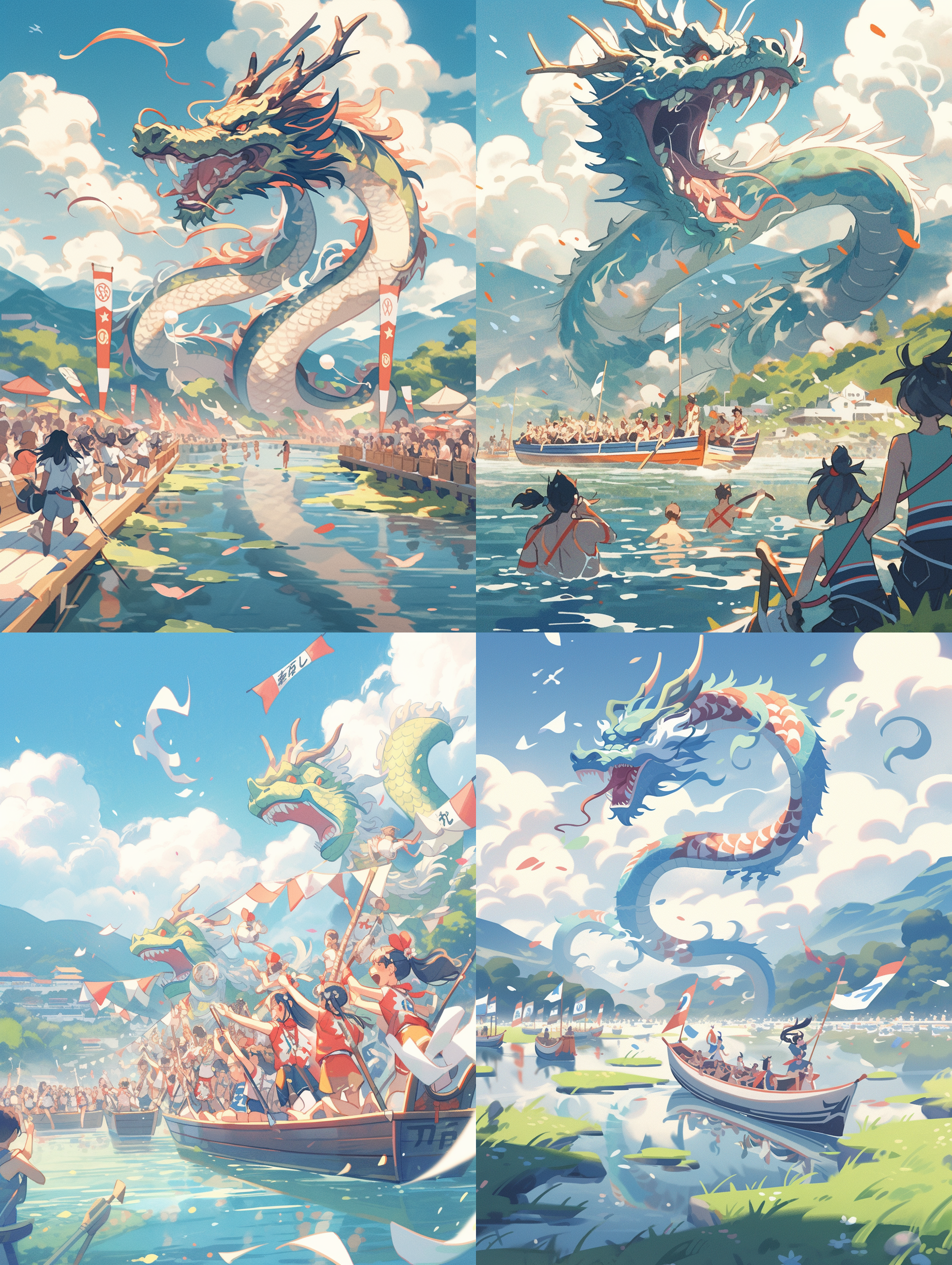 手绘风格，端午，赛龙舟时，两边的观众挥手致意，旗帜和呐喊，初夏，蓝天和白色，云淡风轻，青山绿水，阳光明媚
