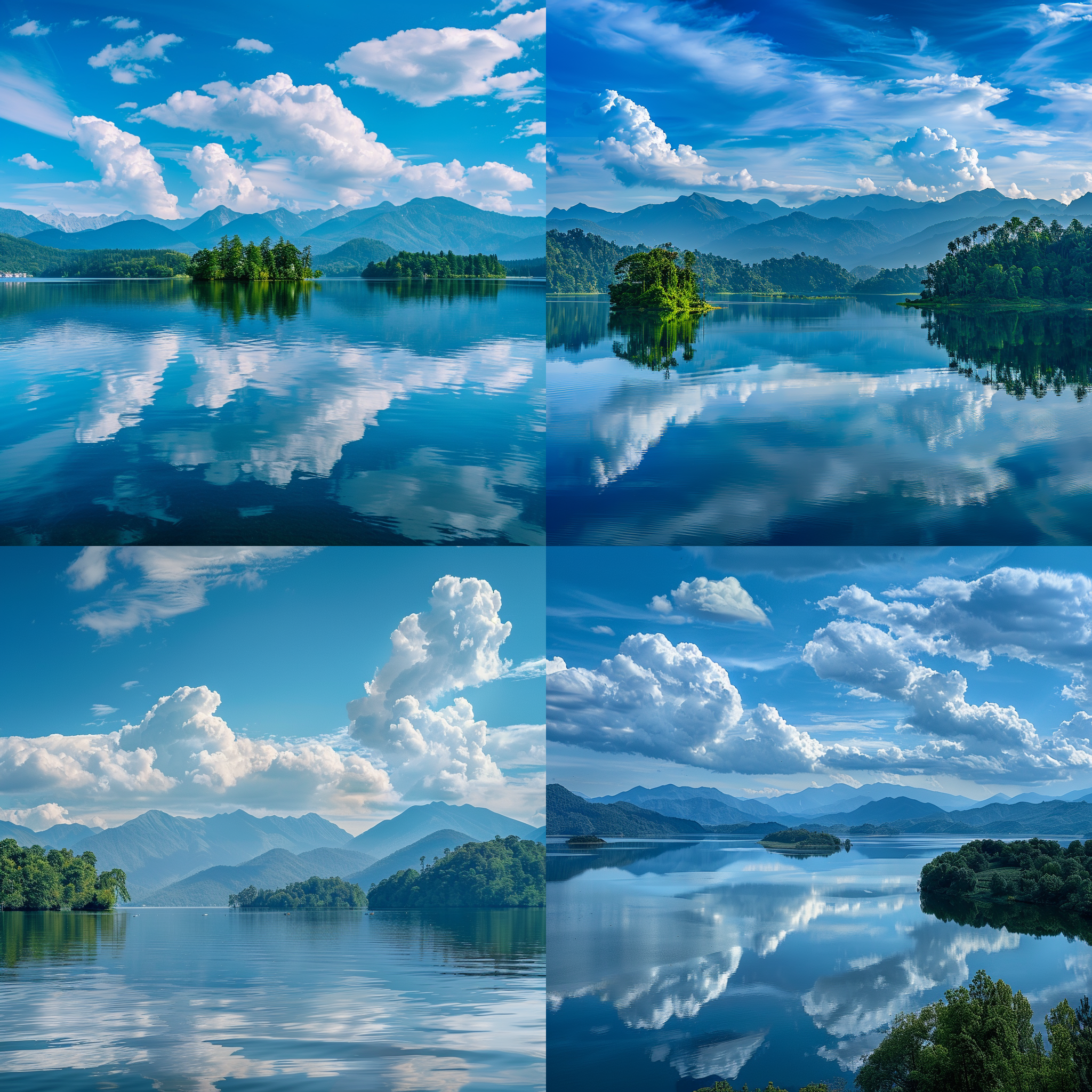蓝天白云，远山层峦，近湖小岛，大树繁茂，倒影湖中，4k分辨率，广角镜头，自然风光，宁静氛围，高清晰度，色彩鲜明，远近层次感，水面反射，自然光。