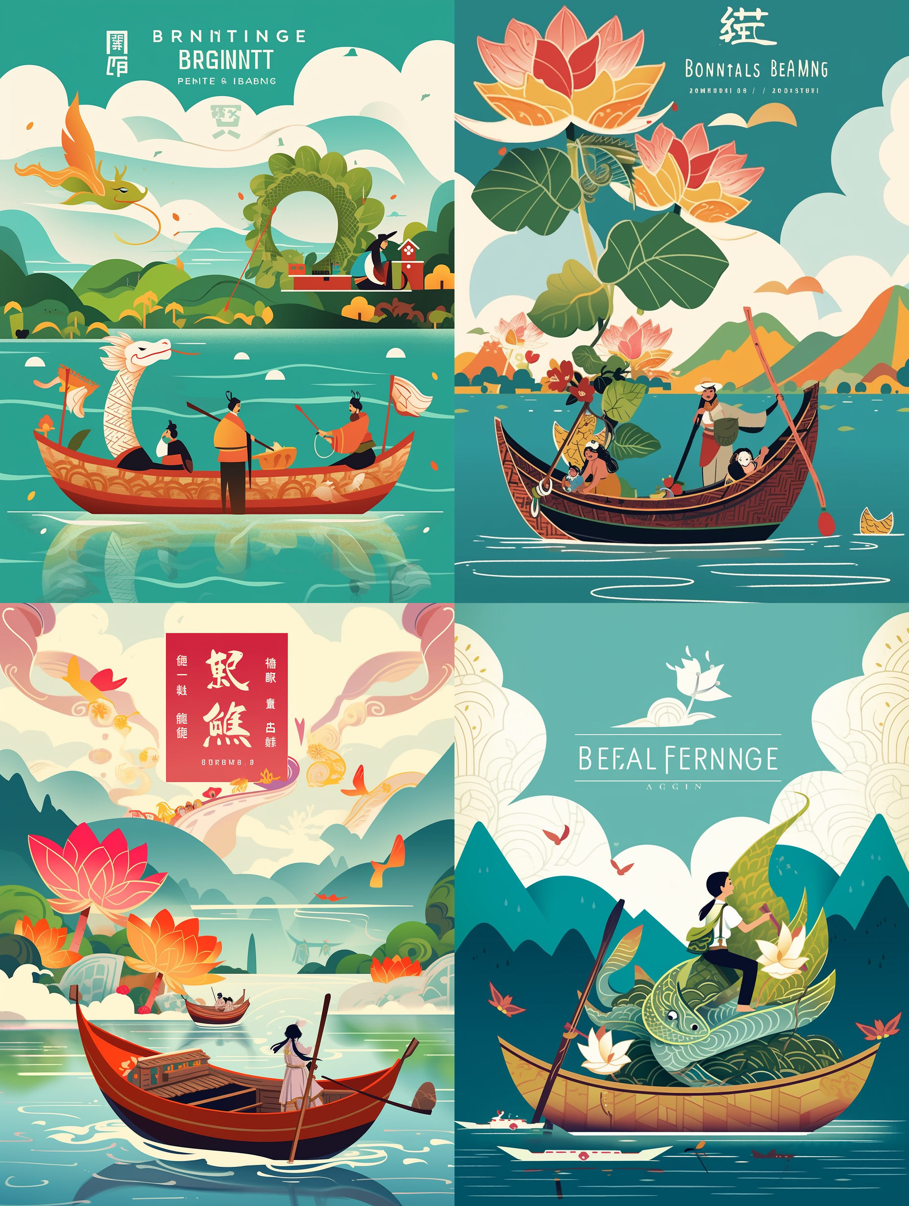 以端午粽子为主题的海报设计，以竹制蒸笼为主题，小人在江水中划桨，背景是青山蓝天，阳光照在水面上，荷花在湖边盛开，一种具有平面插画、鲜艳色彩、卡通线条、平面色块的中国插画风格