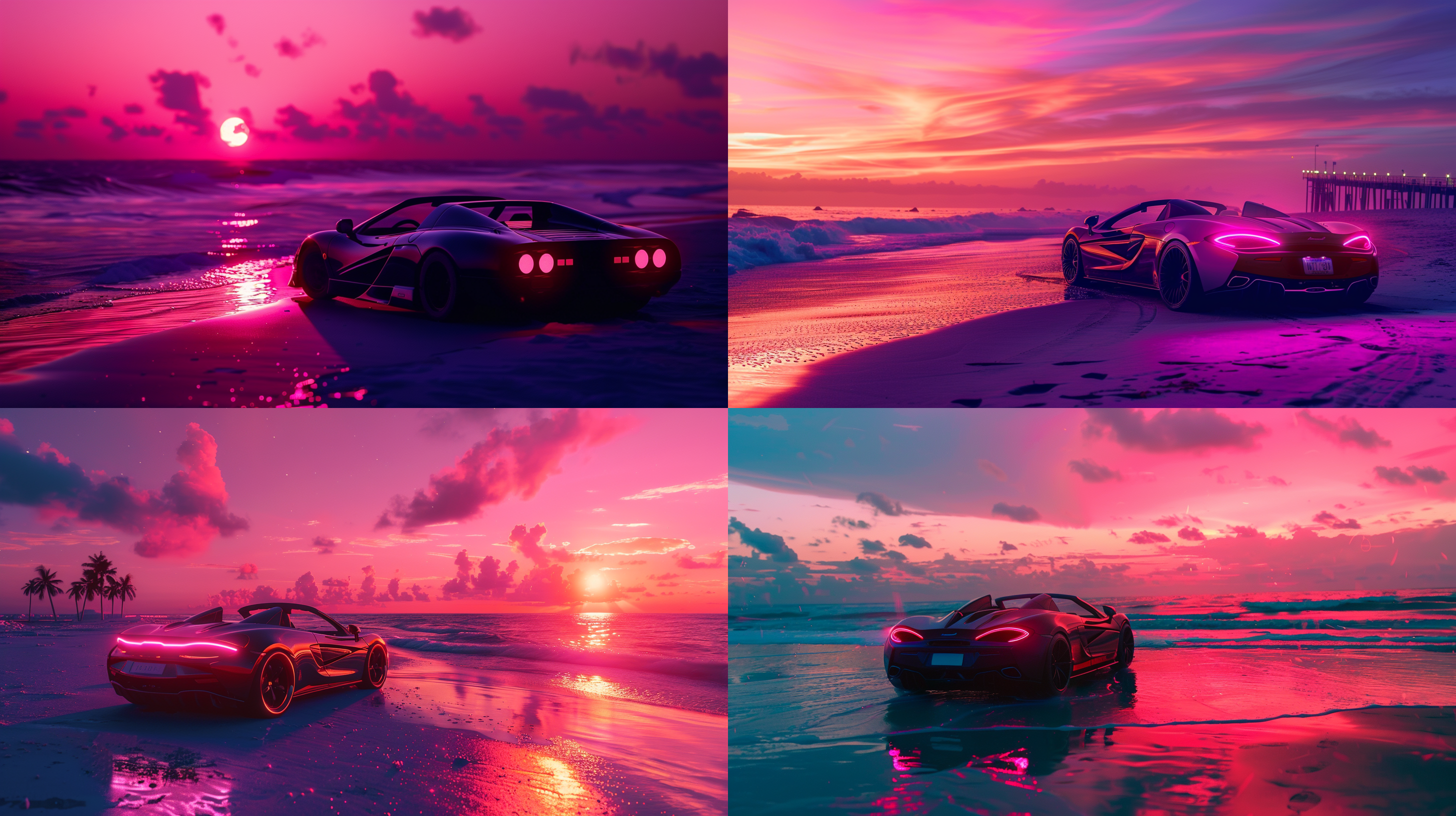 海边夏日沙滩，夕阳西下，蒸汽波风格，敞篷超跑，海风轻拂，霓虹灯点缀，浪漫唯美，逆光剪影，低角度拍摄，暖色调，长曝光，动感模糊，梦幻氛围。