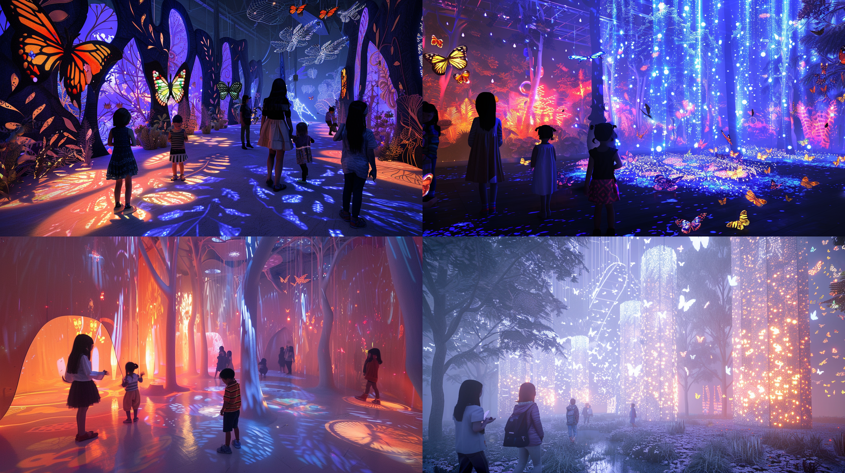 互动体验馆设计，幻想森林中的光影秀，孩子们与森林中的光影互动，夜晚森林中的动物，蝴蝶、萤火虫、猫头鹰，明亮的雕塑风格，丰富的植物种类，节日氛围，特定场地作品，白色与浅橙色为主，色彩斑斓，北极光朋克，霓虹网格，广角镜头，低角度拍摄，背光，动态捕捉，欢乐，神秘。