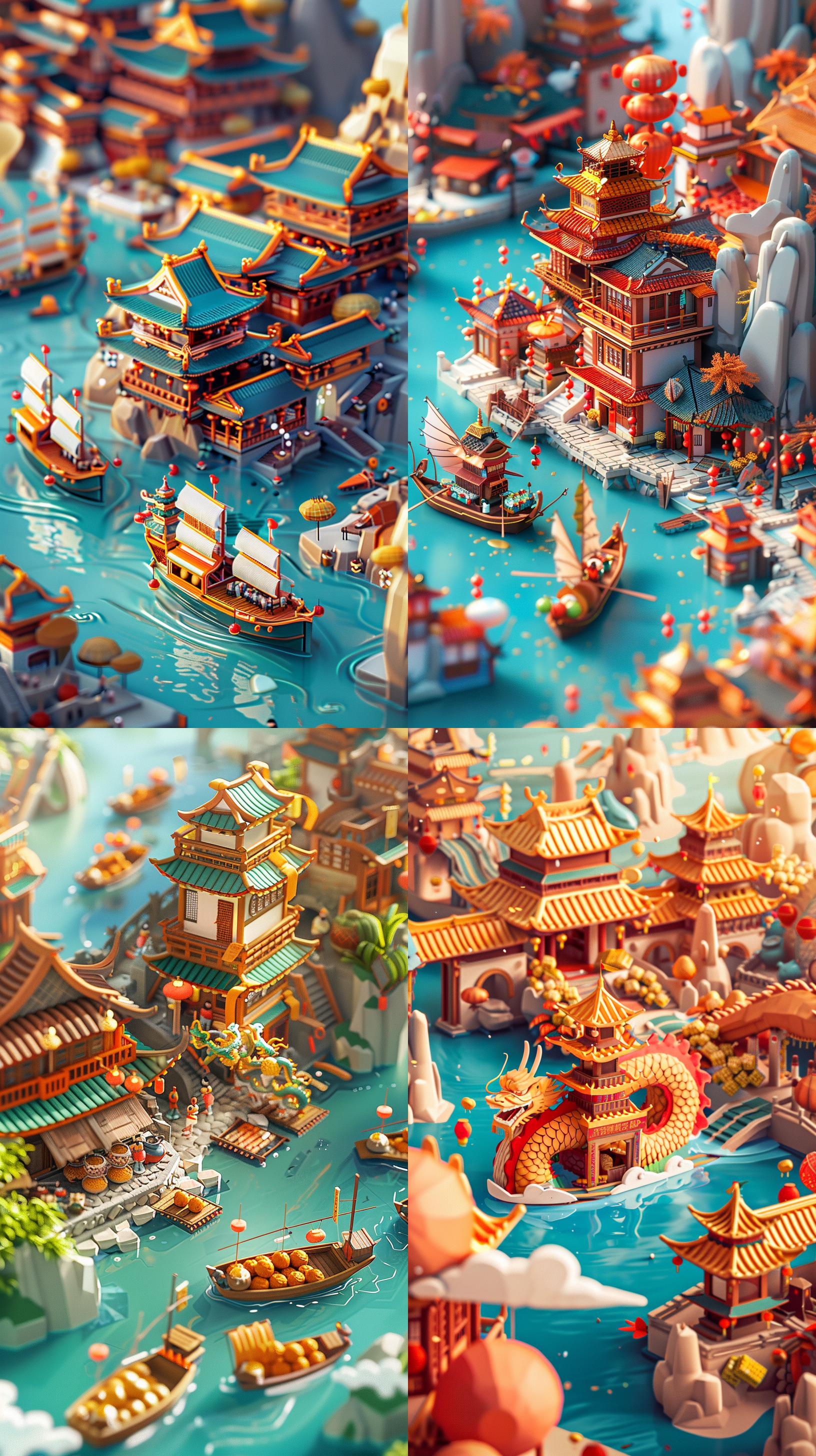 端午节场景，工业商贸城背景，龙舟竞渡，粽子元素点缀，明亮色彩，简洁线条，俯视视角，温馨氛围，节日庆祝，扁平插画风格，鲜艳色彩，动态构图，工业风建筑，节日装饰，欢乐表情，传统与现代结合。