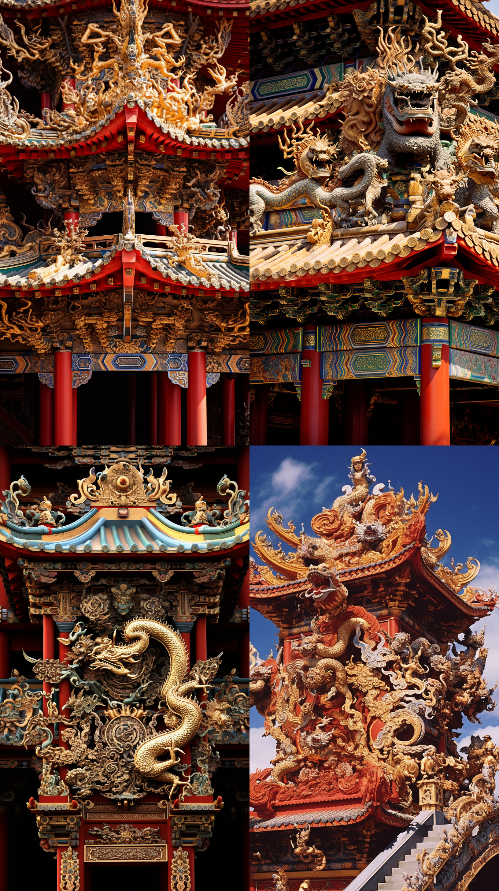 壮丽的建筑结构，雄伟的规模。 飞檐斗拱 - 传统中国建筑的特征，复杂的屋檐设计。 金碧辉煌 - 华丽的装饰，金色和红色的色调。 龙凤雕饰 - 象征皇家身份的龙和凤凰雕刻。 华丽宫灯 - 宫殿中悬挂的精致灯笼。