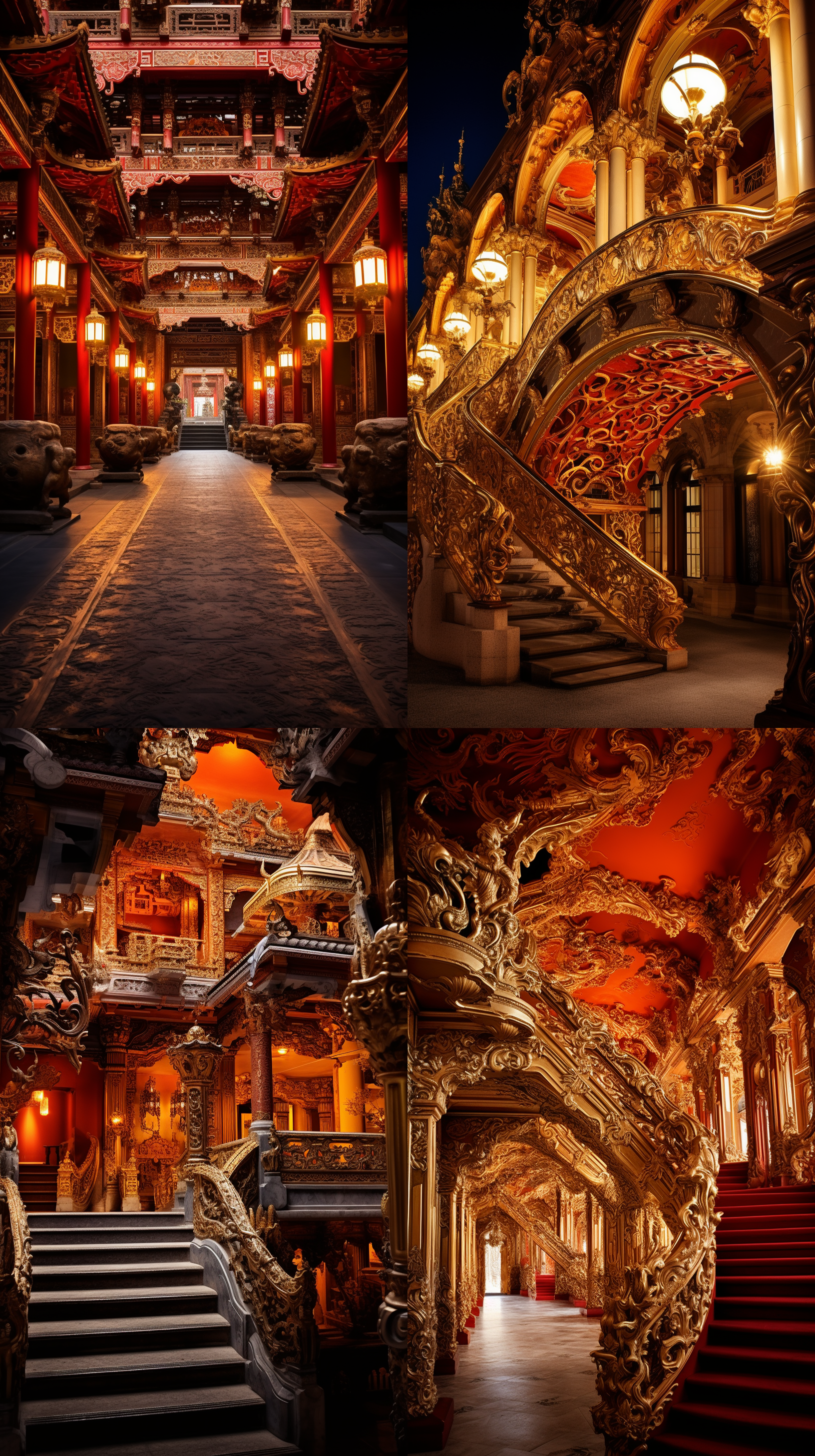 壮丽建筑，飞檐斗拱，金碧辉煌，龙凤雕饰，华丽宫灯，对称布局，宏伟规模，金色红色调，精细雕刻，宫廷风格，夜景，柔和光线，广角镜头，神秘庄严。