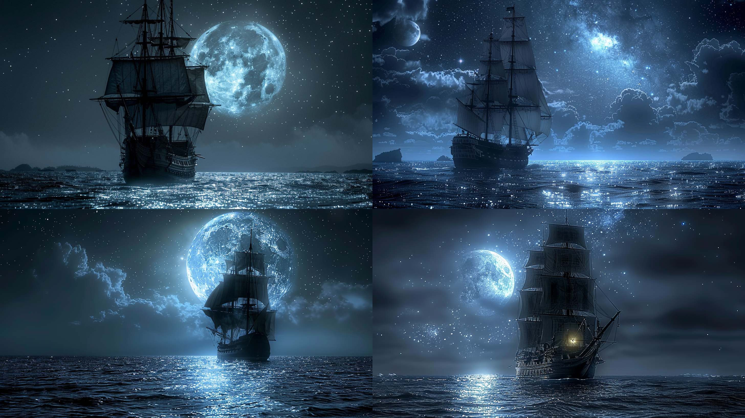 黑珍珠号海盗船，黑帆纹理清晰，夜晚加勒比海，大月亮背景，晴空满天繁星，银河横跨，唯美风格，长曝光，广角镜头，低光环境，神秘氛围，深蓝调，动态模糊，冒险感。