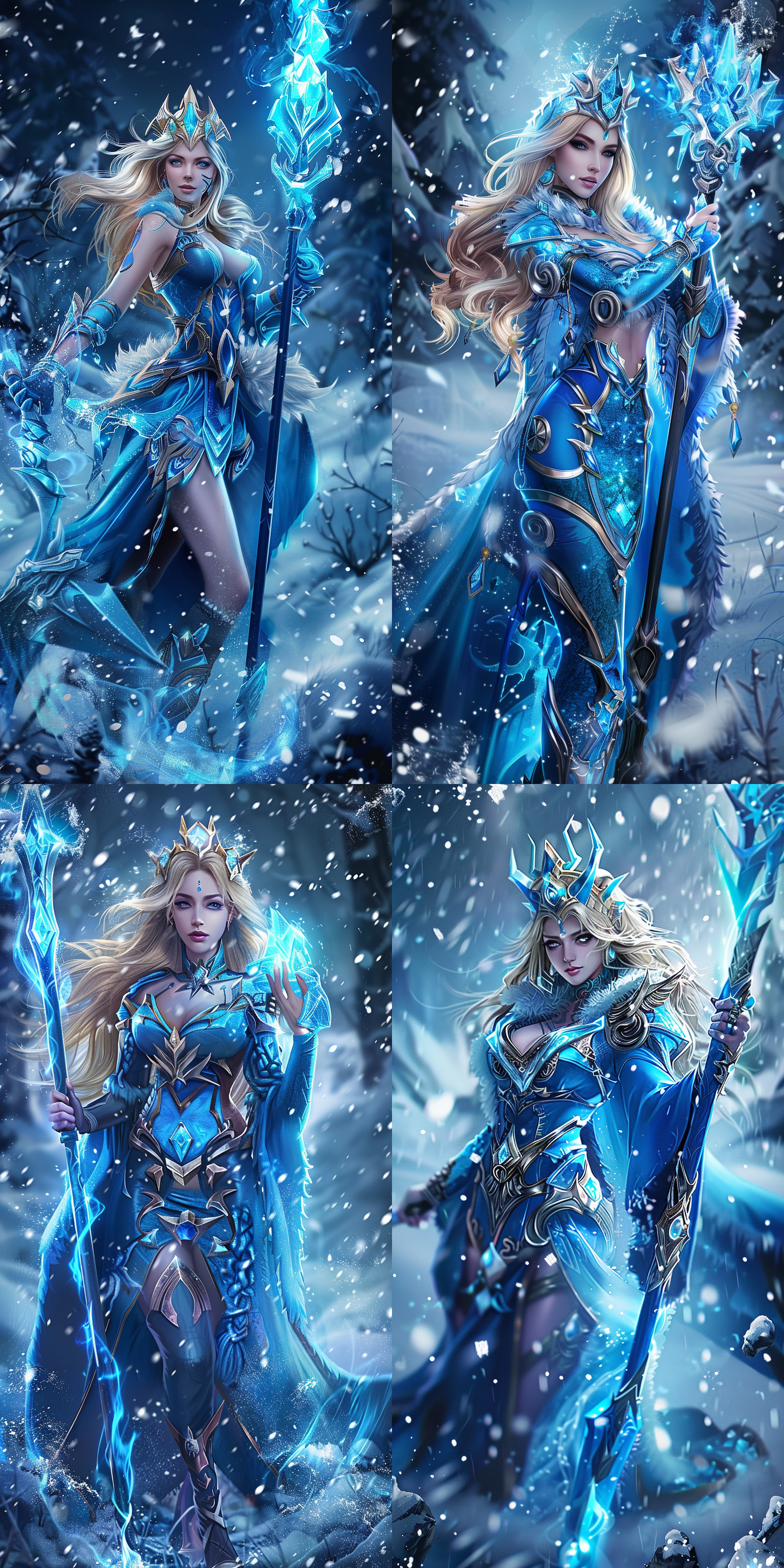 dota2，水晶室女，金色长发，全身像，微笑，浮空，神圣，纯洁，华丽蓝色长袍，华丽复杂水晶服饰，哥特风，华丽长法杖，c4d，3d渲染，蓝色冰雪环境，雪地，冰晶粒子特效，8k