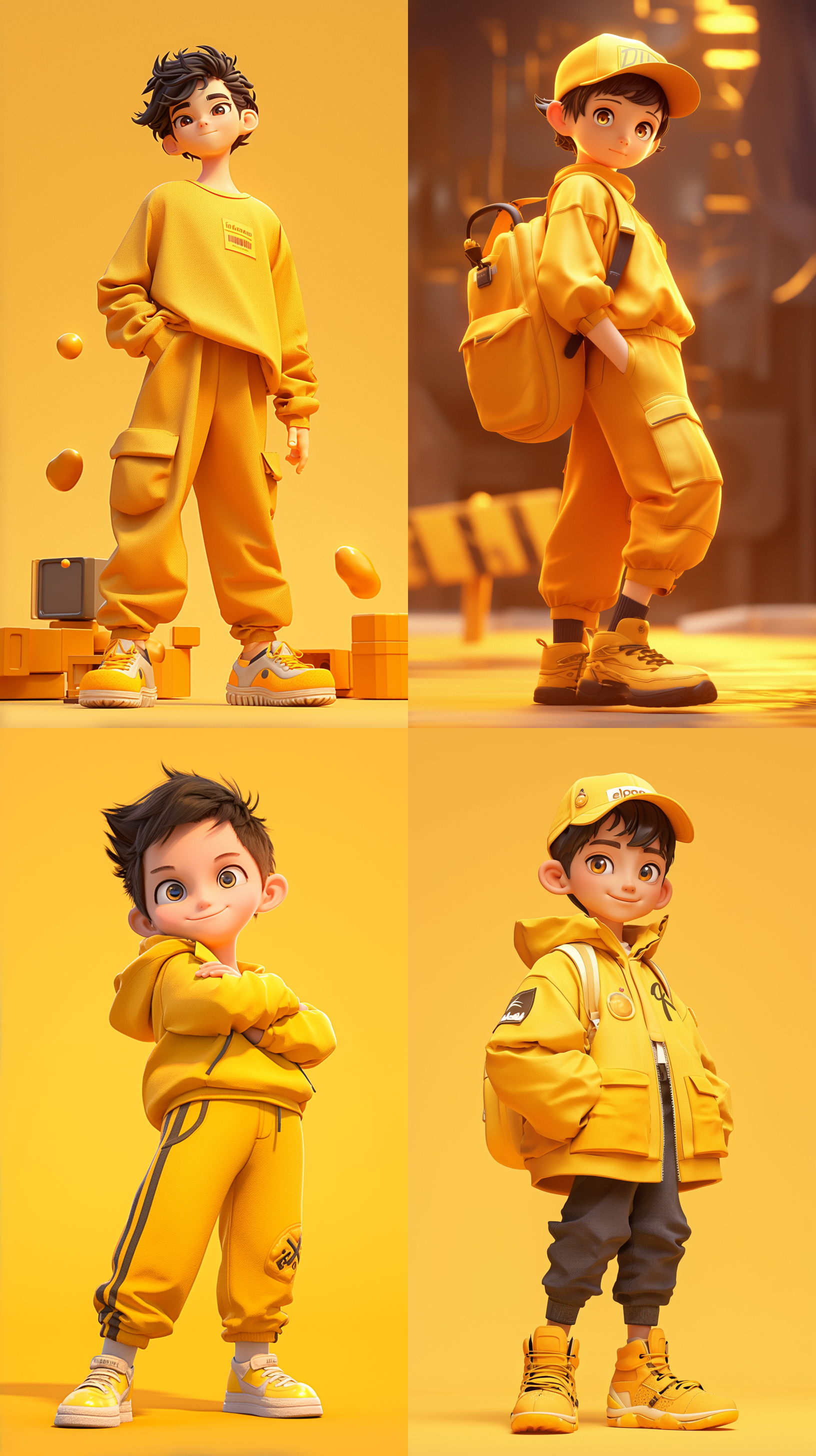 黑色头发，黄色衣服，可爱的男孩，送货员现象，黄色背景前，详细的角色设计，全身可见，卡通ip风格，动感十足。配色柔和，背景为工作室灯光octane render渲染的纯净背景。采用3d建模软件c4d制作，使用超高品质ultra hd 8k分辨率，宛如皮克斯动画般精美。 水果元素, 卡通ip风格, 科技感, 水果蔬菜装饰, 水果武器, 视图, 3d建模, c4d, ultra hd 8k, 皮克斯动画.