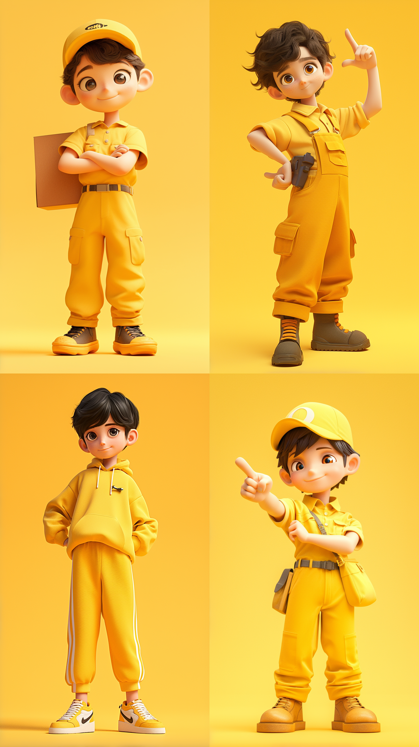 黑色头发，黄色衣服，可爱的男孩，送货员现象，黄色背景前，详细的角色设计，全身可见，卡通ip风格，动感十足。配色柔和，背景为工作室灯光octane render渲染的纯净背景。采用3d建模软件c4d制作，使用超高品质ultra hd 8k分辨率，宛如皮克斯动画般精美。 水果元素, 卡通ip风格, 科技感, 水果蔬菜装饰, 水果武器, 视图, 3d建模, c4d, ultra hd 8k, 皮克斯动画.