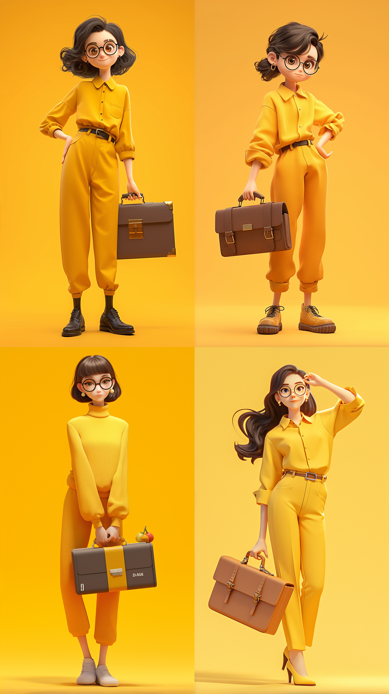 黑色头发，黄色衣服，可爱的中年人，背公文包，戴眼镜，黄色背景前，详细的角色设计，全身可见，卡通ip风格，动感十足。配色柔和，采用3d建模软件c4d制作，使用超高品质ultra hd 8k分辨率，水果元素, 卡通ip风格, 科技感, 水果蔬菜装饰, 水果武器, 视图, 3d建模, c4d, ultra hd 8k, 皮克斯动画.