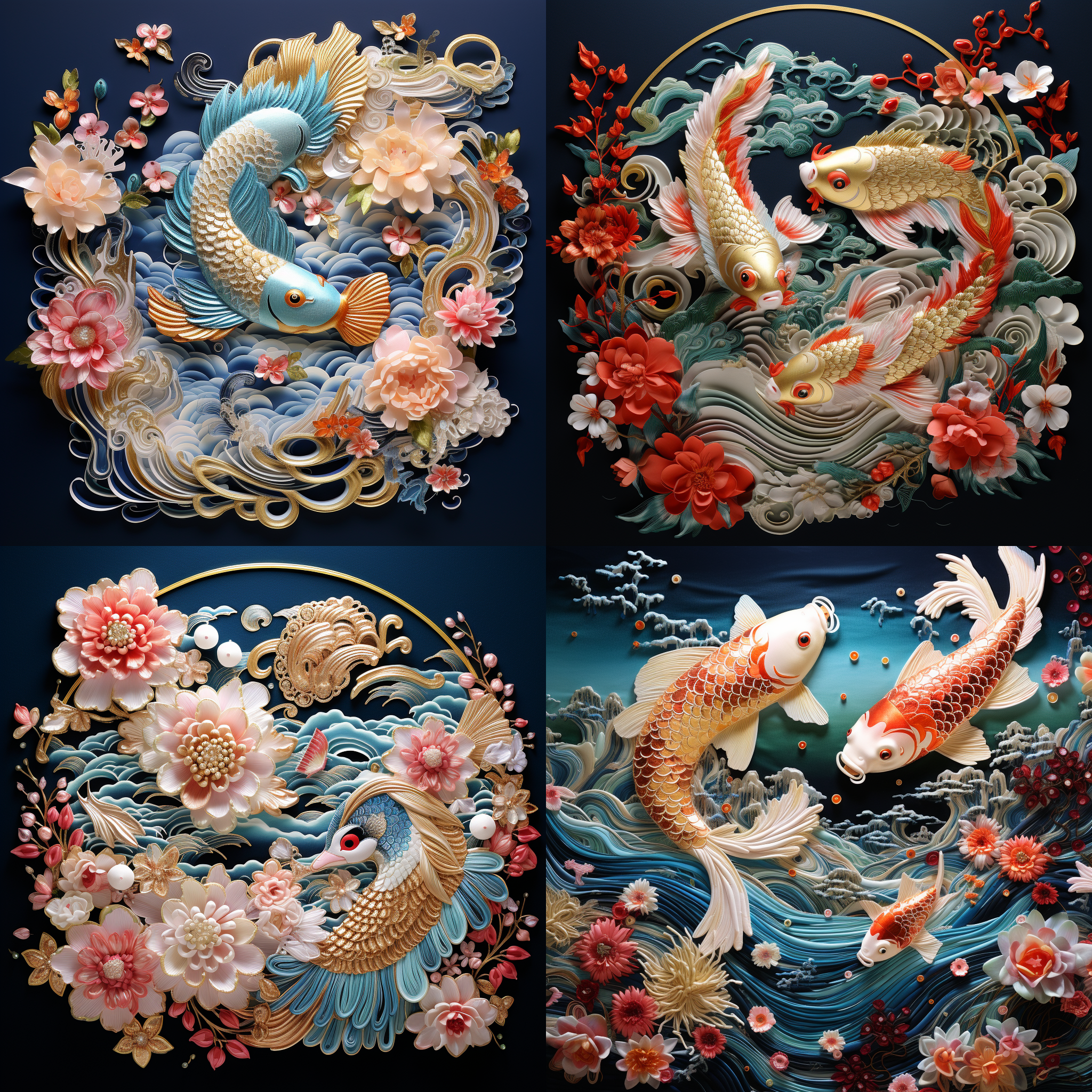 刺绣作品，立体线条插画，中国祥瑞图案，鲤鱼跃龙门，8k分辨率，磨砂质感，新工艺，艺术风格，浓郁色彩，浪漫古风，珍珠亮片混合刺绣，细节丰富，色彩鲜艳，传统与现代结合，艺术与工艺融合，未来艺术展示。