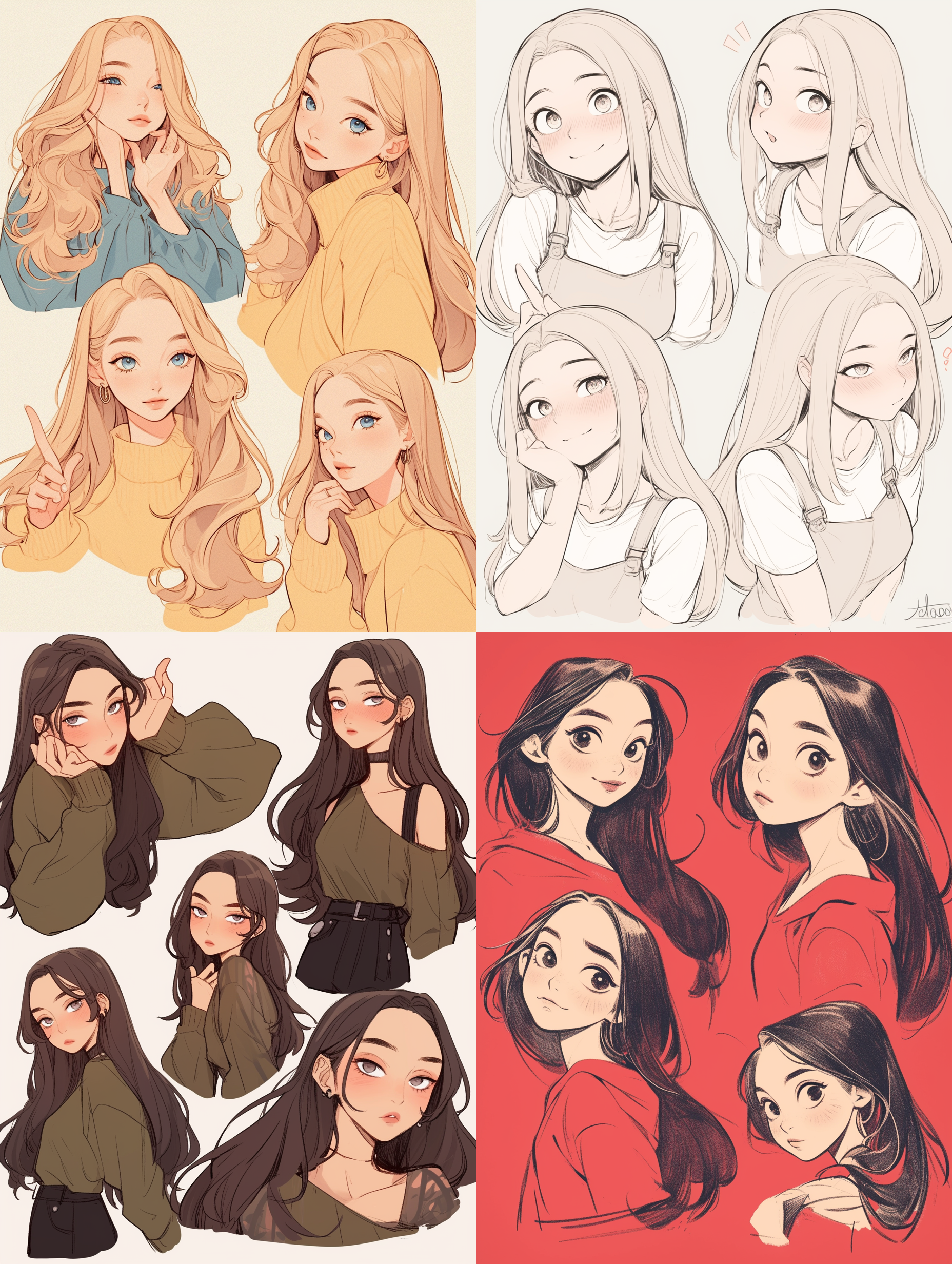 简笔画长头发女孩，大眼睛小鼻子弯眉毛，8种夸张表情与动作，高清8k，细节丰富，线条简洁，8宫格3:4排布，色彩鲜明，生动活泼，表情夸张，动作多样。