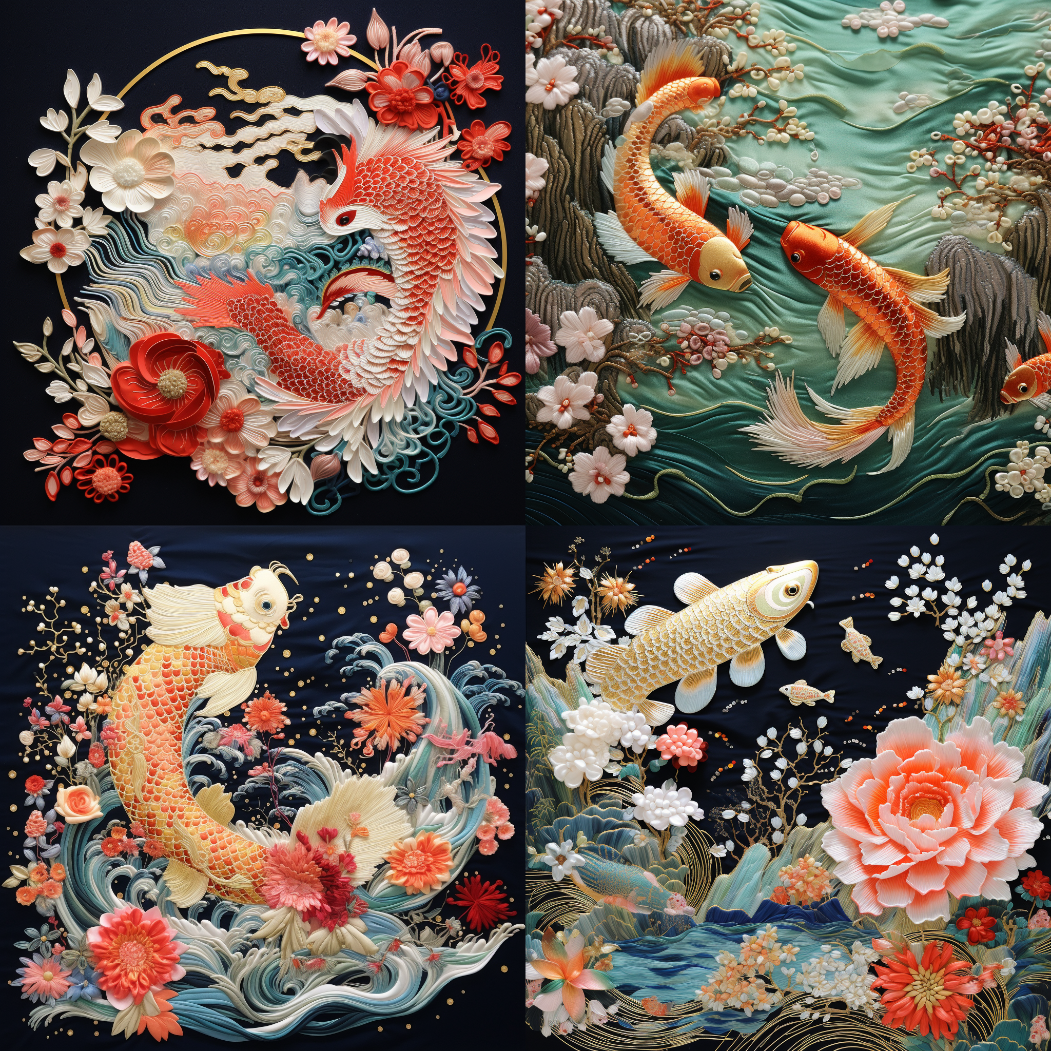 刺绣苏绣立体线条插画，中国祥瑞图案，8k磨砂质感新工艺，艺术未来艺术，鲤鱼跃龙门锦鲤大海，跳跃龙门岩彩板宋徽宗漆画，超多细节浓郁色彩浪漫古风，珍珠亮片刺绣混合刺绣。