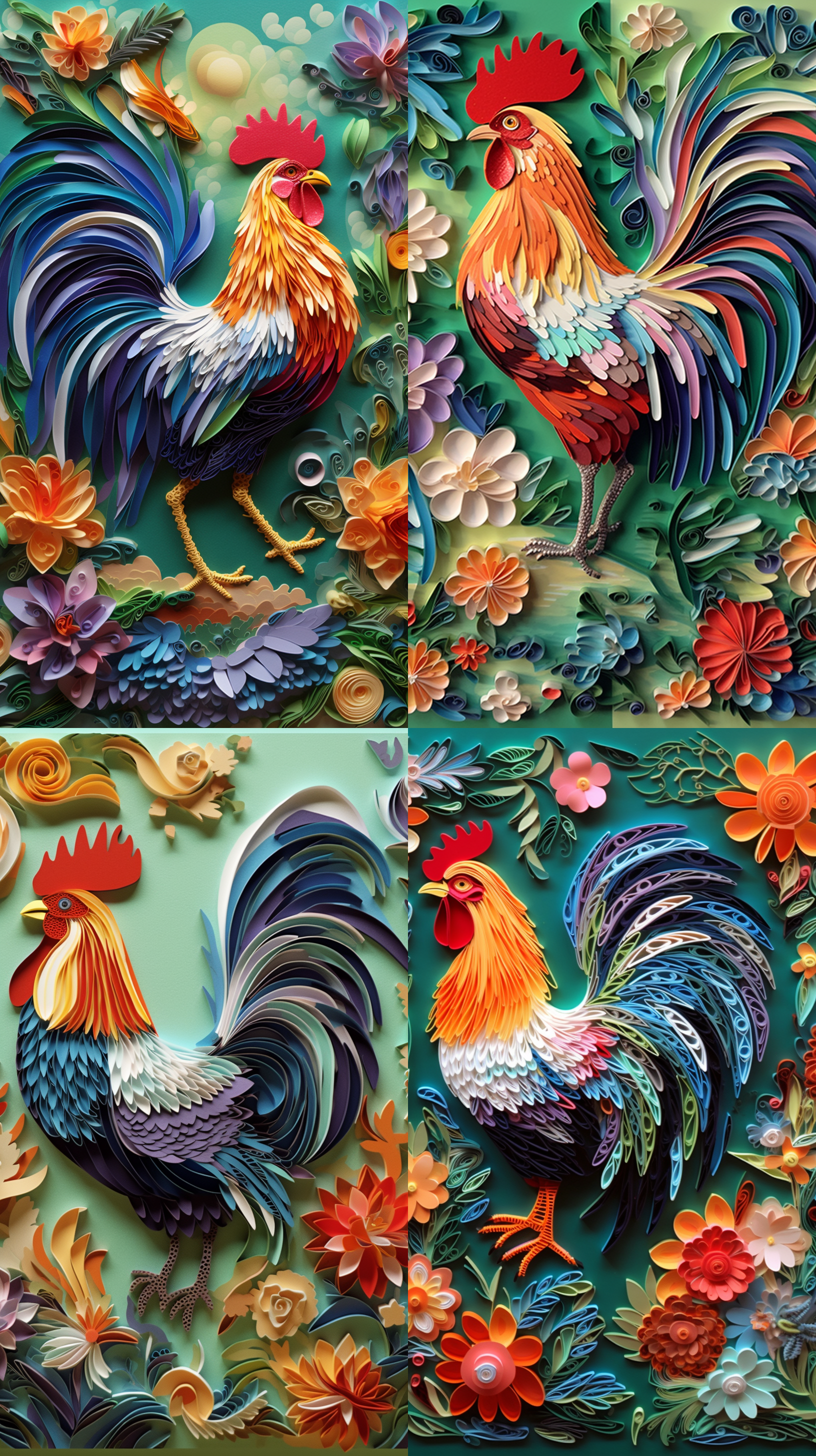 多维剪纸工艺，纸质插画，公鸡与花朵，华丽装饰，彩色香草油，垂直构图，细腻纹理，自然光，鲜艳色彩，长焦镜头，柔焦效果，静态美，优雅。
