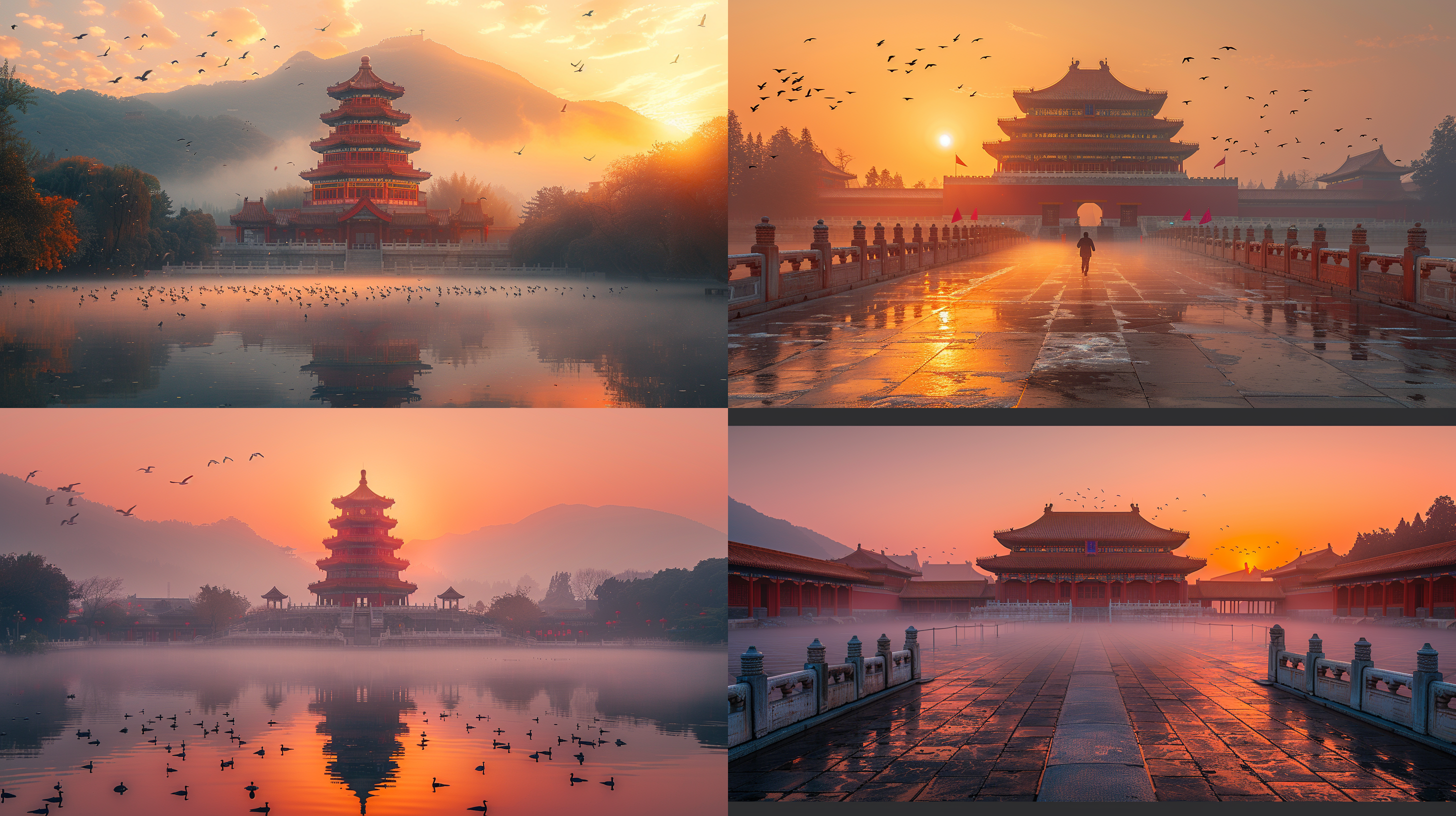 中国寺庙群建筑，大雄宝殿与宝塔，庄严雄伟，晨光云雾中，天空飞鸟点缀，广角镜头低角度拍摄，黄色红色为主色调，光线通透，细节丰富，静谧氛围，高清晰度，全景深，自然光，宁静，神圣。