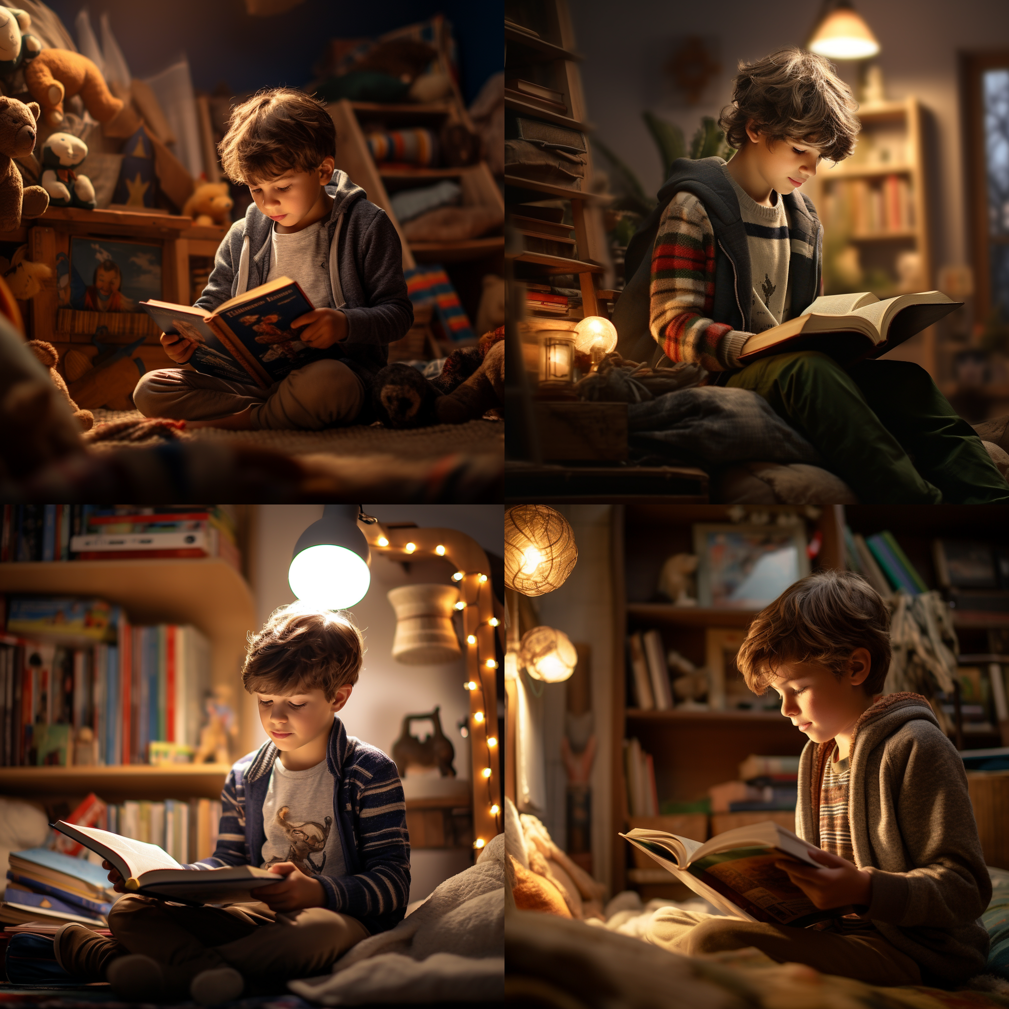 男孩在阅读角读英文绘本，柔和光线，温馨氛围，自然光，长焦镜头，低角度，专注表情，彩色，安静，书架背景，沉浸式阅读体验。