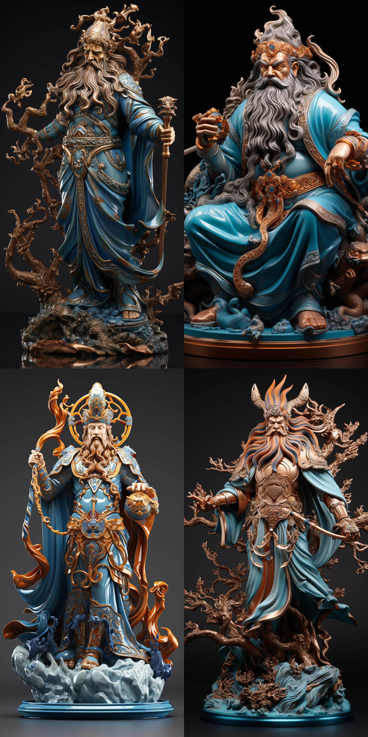 中式关公铜像，景泰蓝掐丝珐琅线纹，白色背景，色彩丰富，长焦镜头，精物写真，3d渲染，8k分辨率，超高清写真，细节丰富，沉稳庄重。