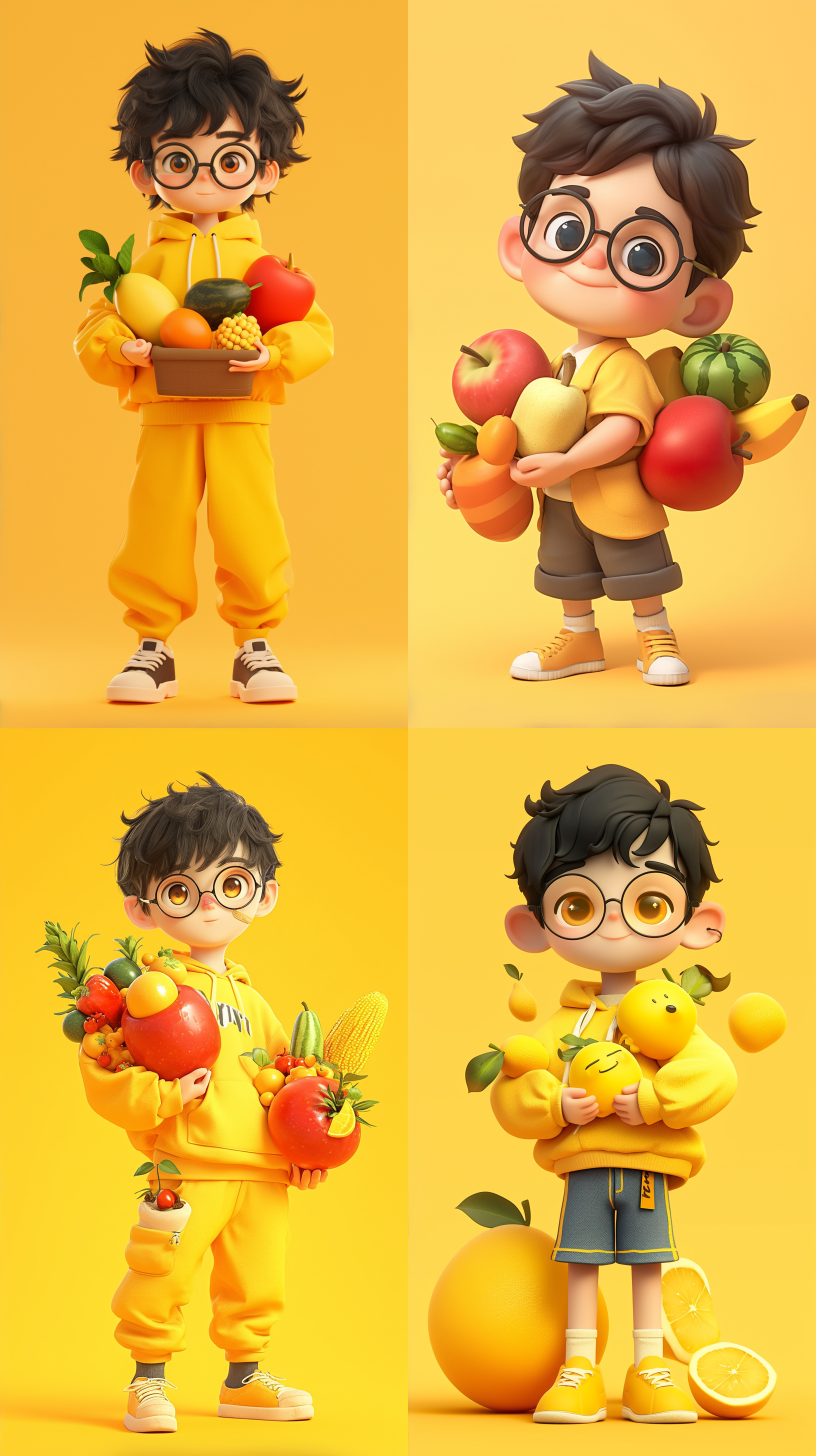 黑色头发，黄色衣服，可爱的男孩，端着各种水果，戴眼镜，黄色背景前，详细的角色设计，全身可见，卡通ip风格，动感十足。配色柔和，采用3d建模软件c4d制作，使用超高品质ultra hd 8k分辨率，水果元素, 卡通ip风格, 科技感, 水果蔬菜装饰, 水果武器, 视图, 3d建模, c4d, ultra hd 8k, 皮克斯动画.
