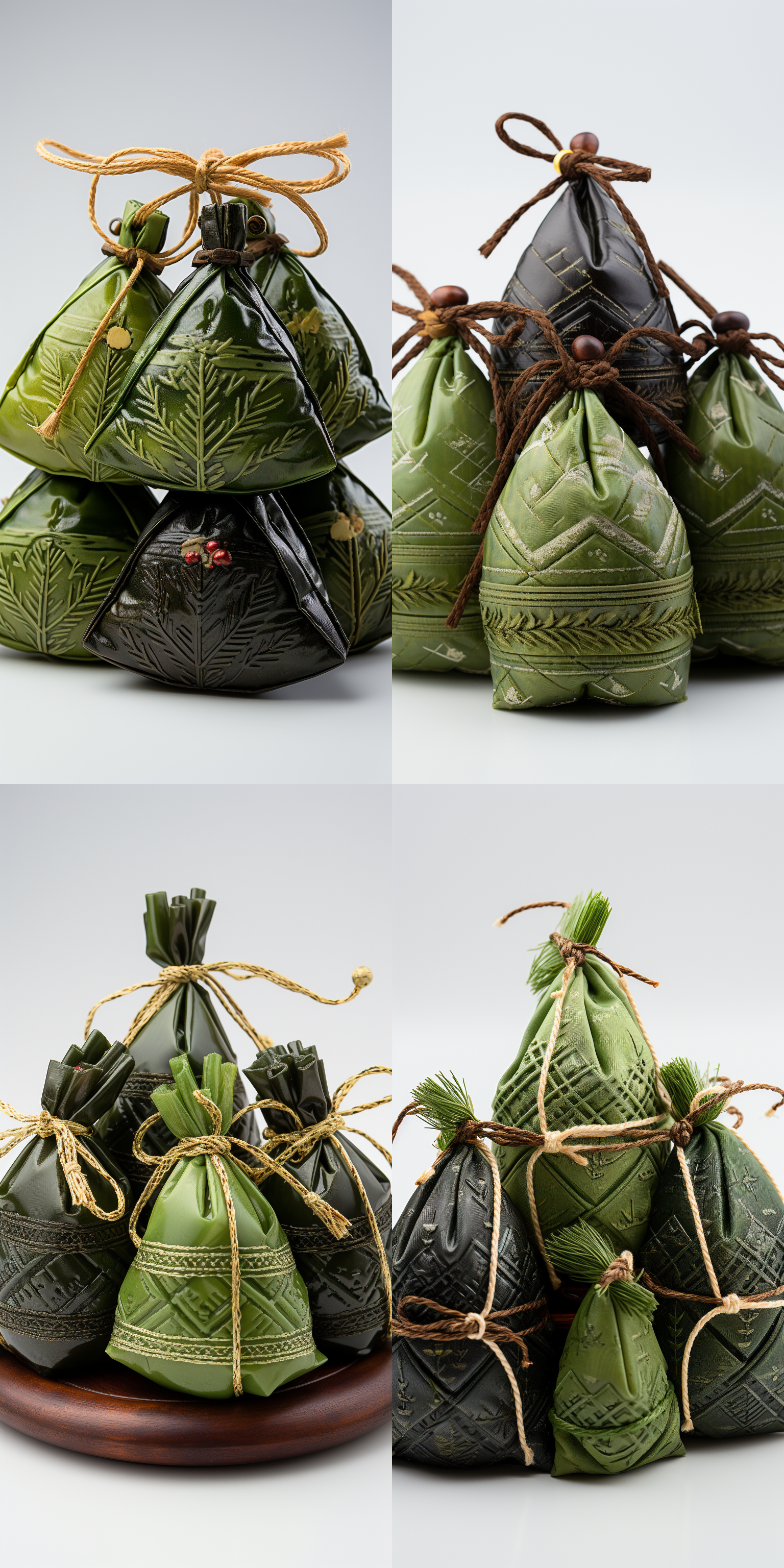 三个绿色粽子，红色中国结系住，色彩鲜艳，纯白色背景，四角充满中国古典元素，细节精致，高光，长焦镜头，中国山水风格，8k分辨率，粽香诱人，让人充满食欲。