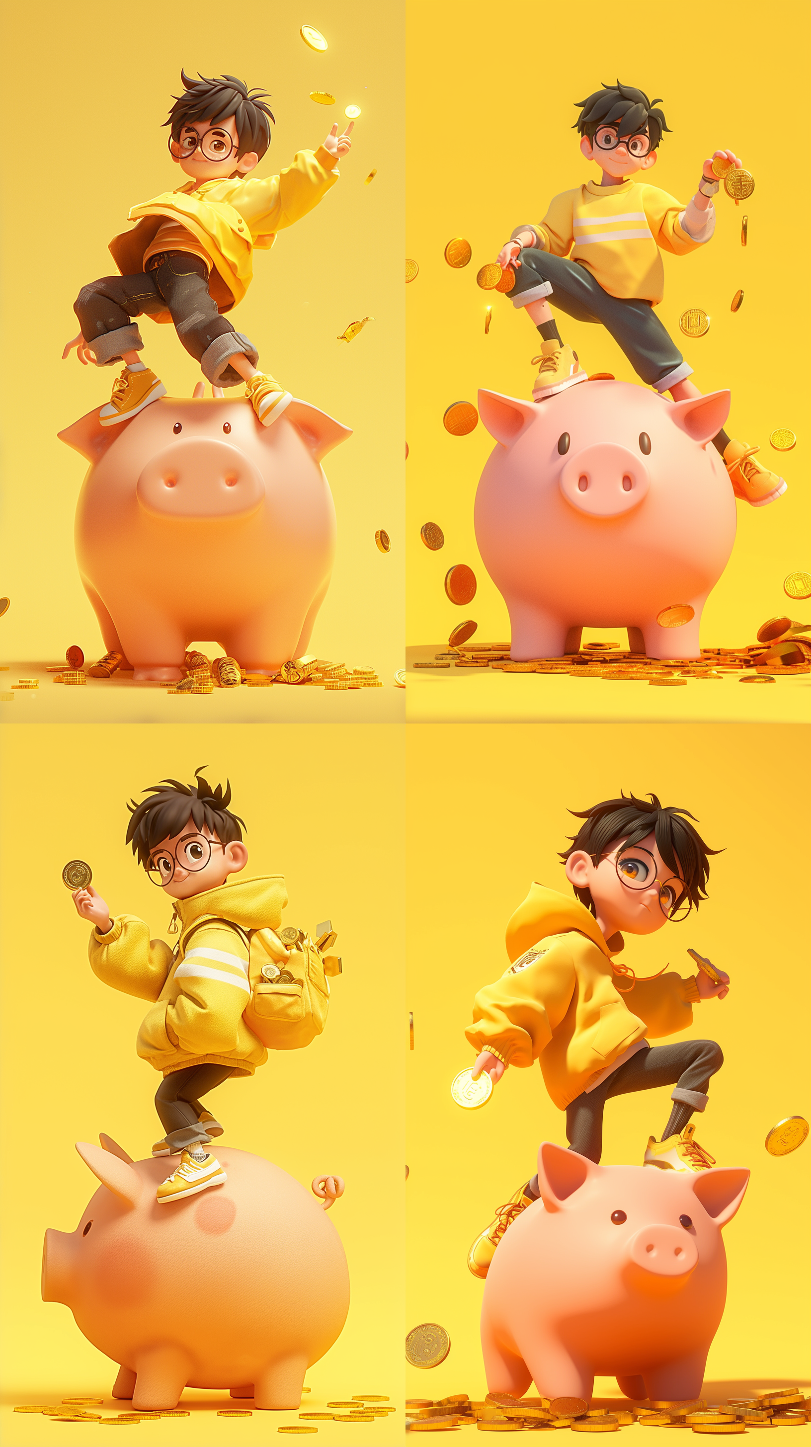黑色头发，黄色衣服，可爱的男孩，手里拿着金币，站在巨大的存钱罐上，戴眼镜，黄色背景前，详细的角色设计，全身可见，卡通ip风格，动感十足。配色柔和，采用3d建模软件c4d制作，使用超高品质ultra hd 8k分辨率，水果元素, 卡通ip风格, 科技感, 水果蔬菜装饰, 水果武器, 视图, 3d建模, c4d, ultra hd 8k, 皮克斯动画.